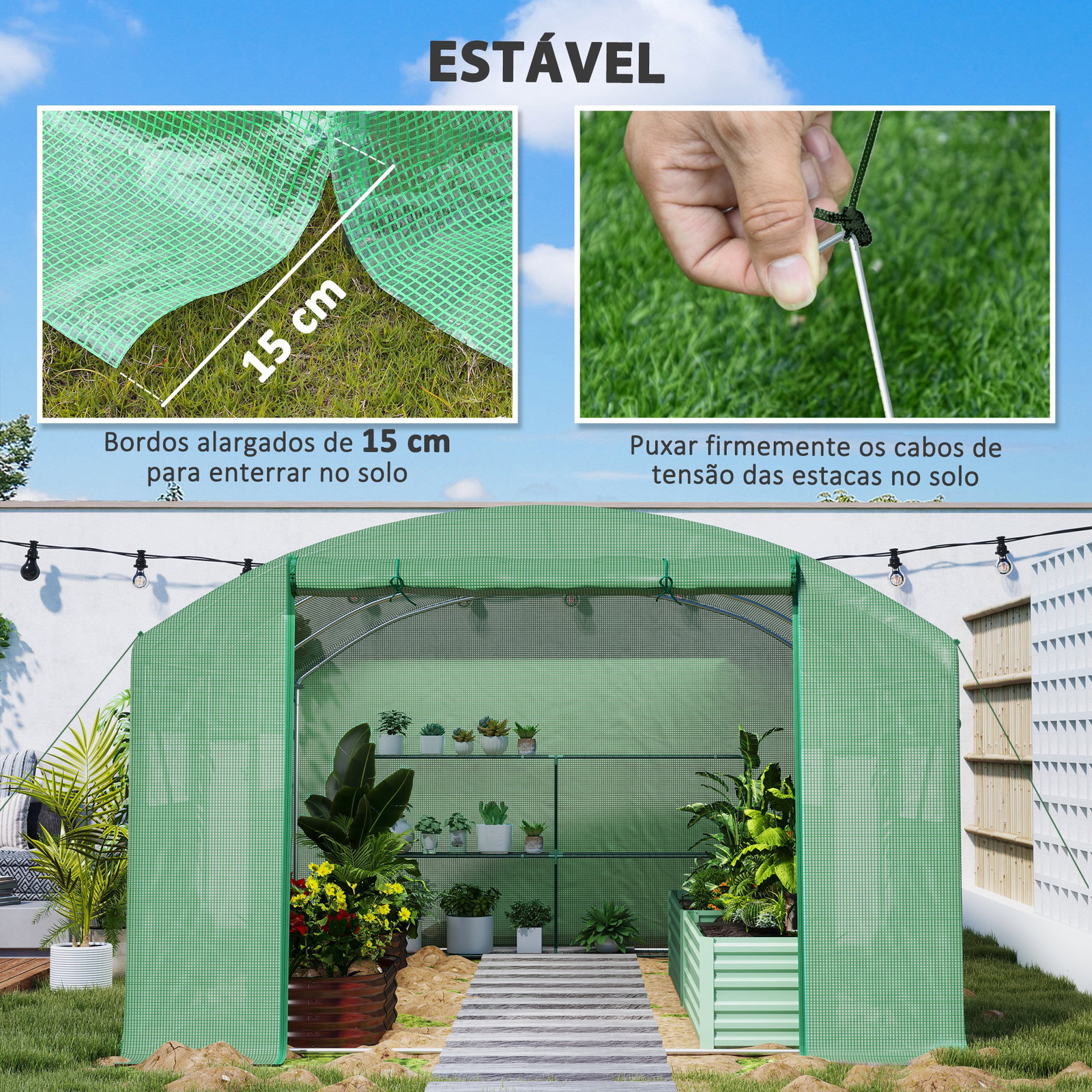 Estufa tipo túnel 397x300x200 cm estufa de exterior com 4 janelas de malha cobertura de PE anti UV e 3 portas enroláveis verde