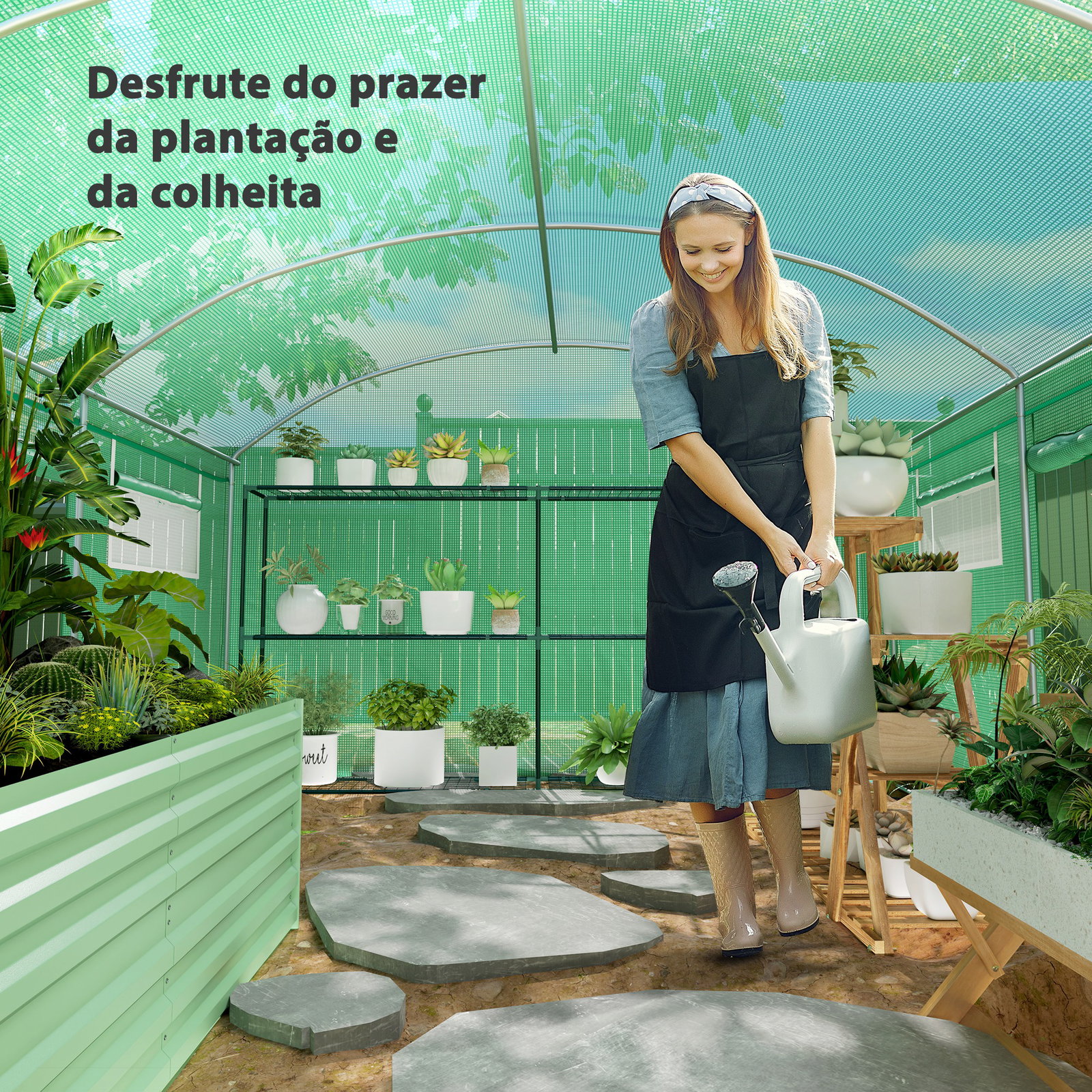Estufa tipo túnel 397x300x200 cm estufa de exterior com 4 janelas de malha cobertura de PE anti UV e 3 portas enroláveis verde
