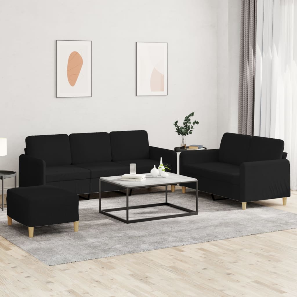 3 Pcs conjunto de sofás com almofadões tecido preto