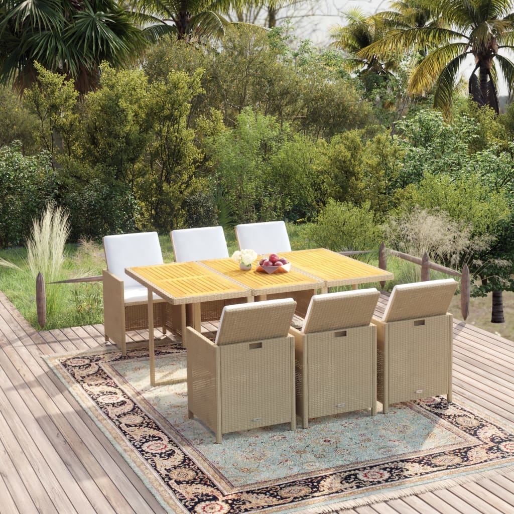 7 Pcs conjunto jantar p/ jardim c/ almofadões vime PE bege