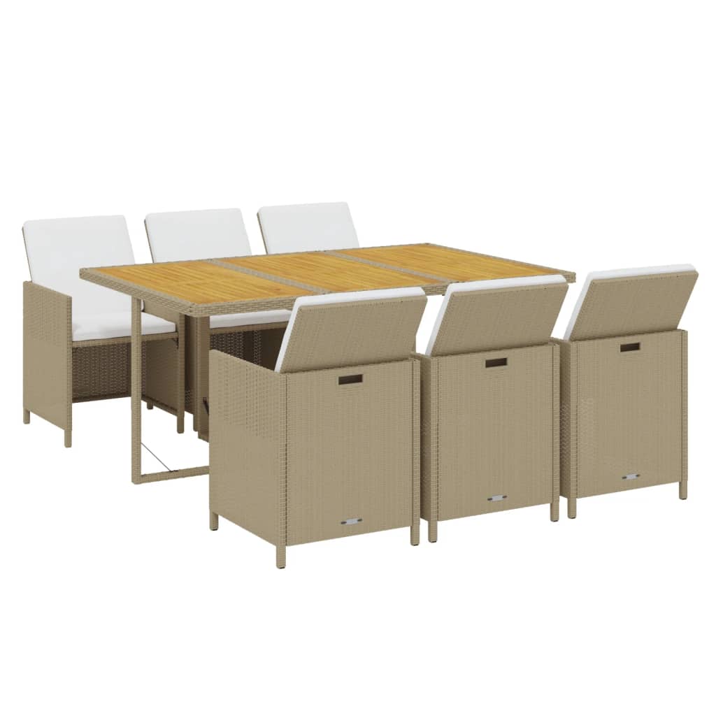 7 Pcs conjunto jantar p/ jardim c/ almofadões vime PE bege