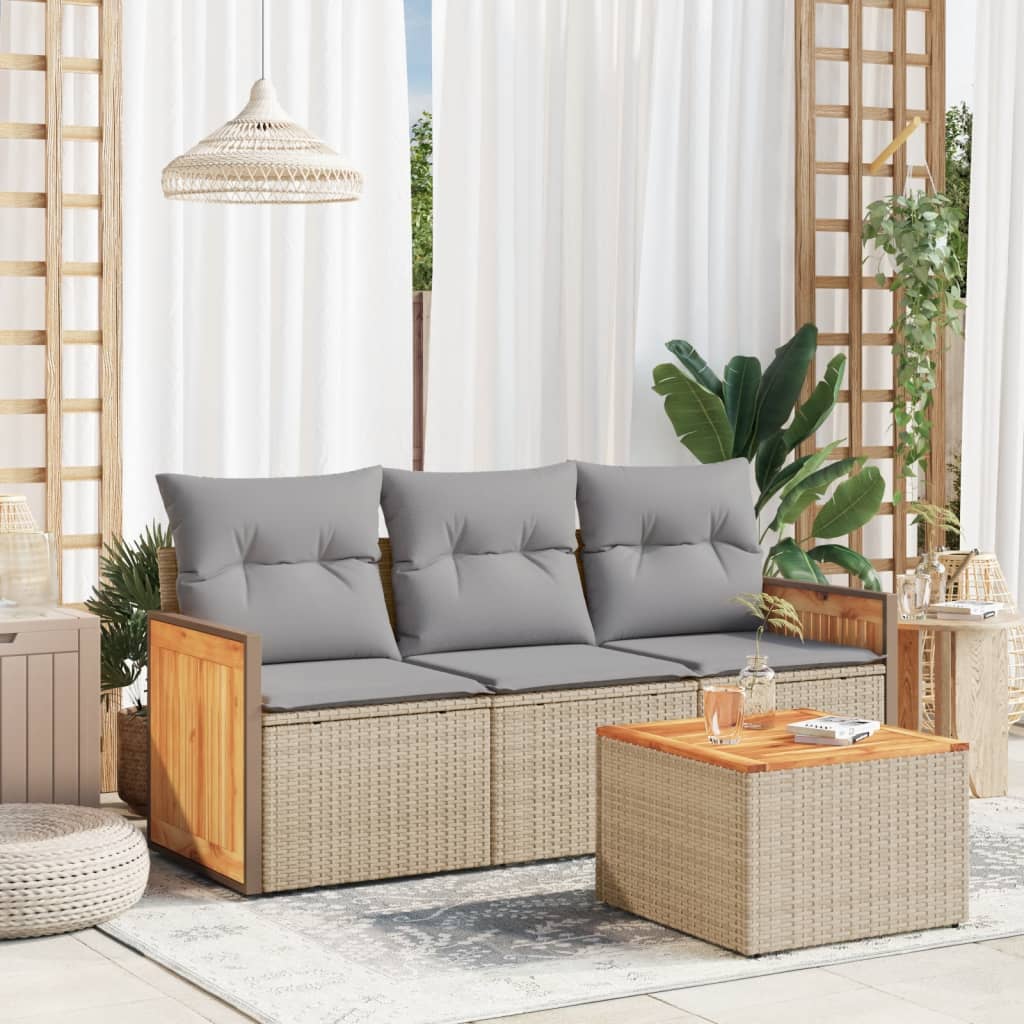 4 Pcs conjunto de sofás para jardim c/ almofadões vime PE bege