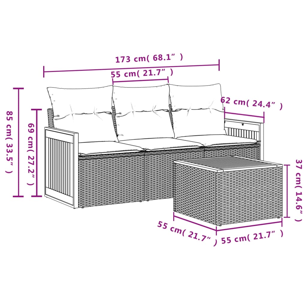 4 Pcs conjunto de sofás para jardim c/ almofadões vime PE bege