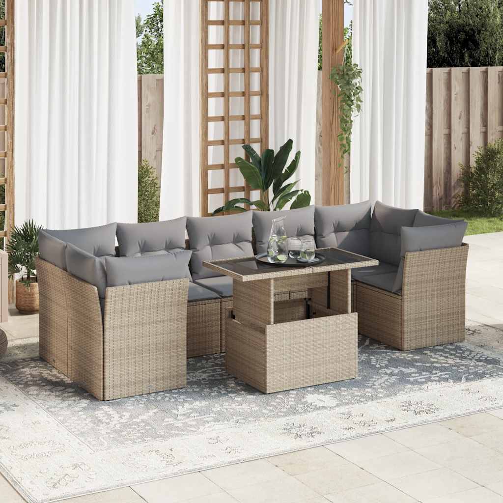 8 Pcs conjunto de sofás p/ jardim com almofadões vime PE bege