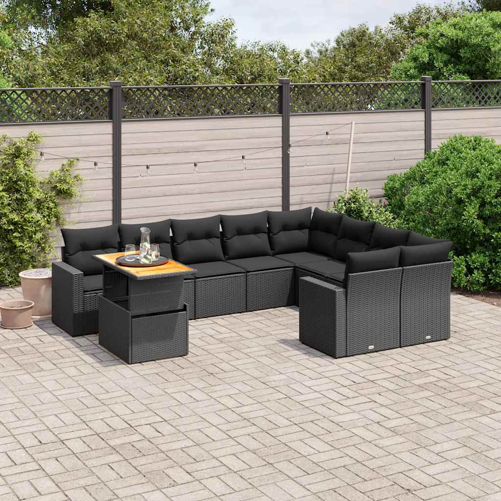 10 Pcs conjunto sofás de jardim c/ almofadões vime PE preto