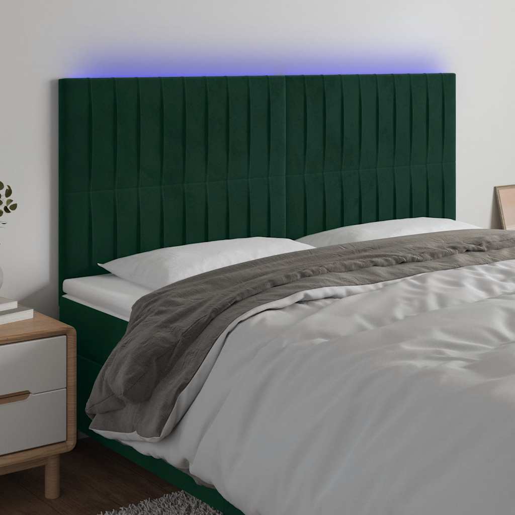 Cabeceira de cama c/ LED veludo 200x5x118/128 cm verde-escuro