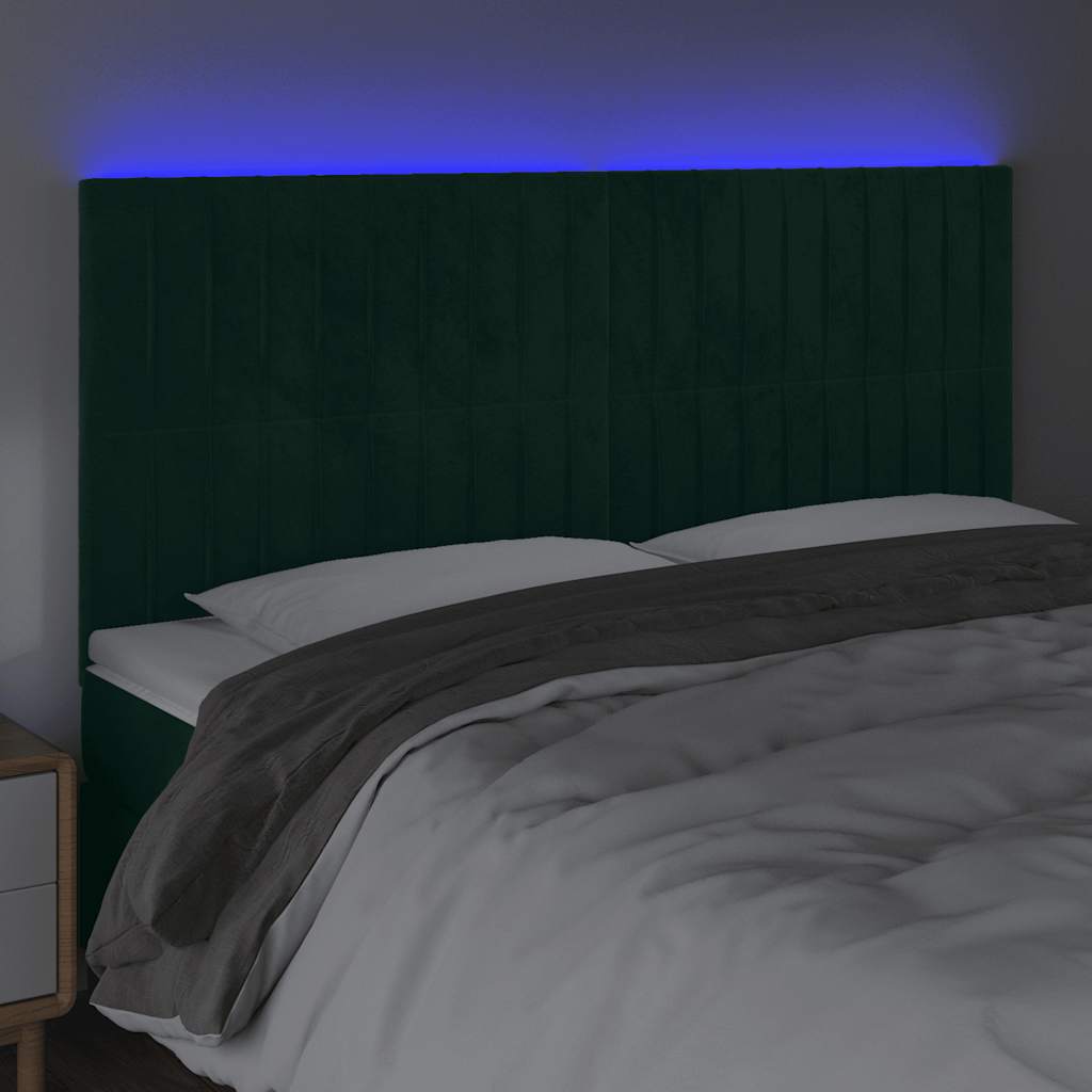 Cabeceira de cama c/ LED veludo 200x5x118/128 cm verde-escuro