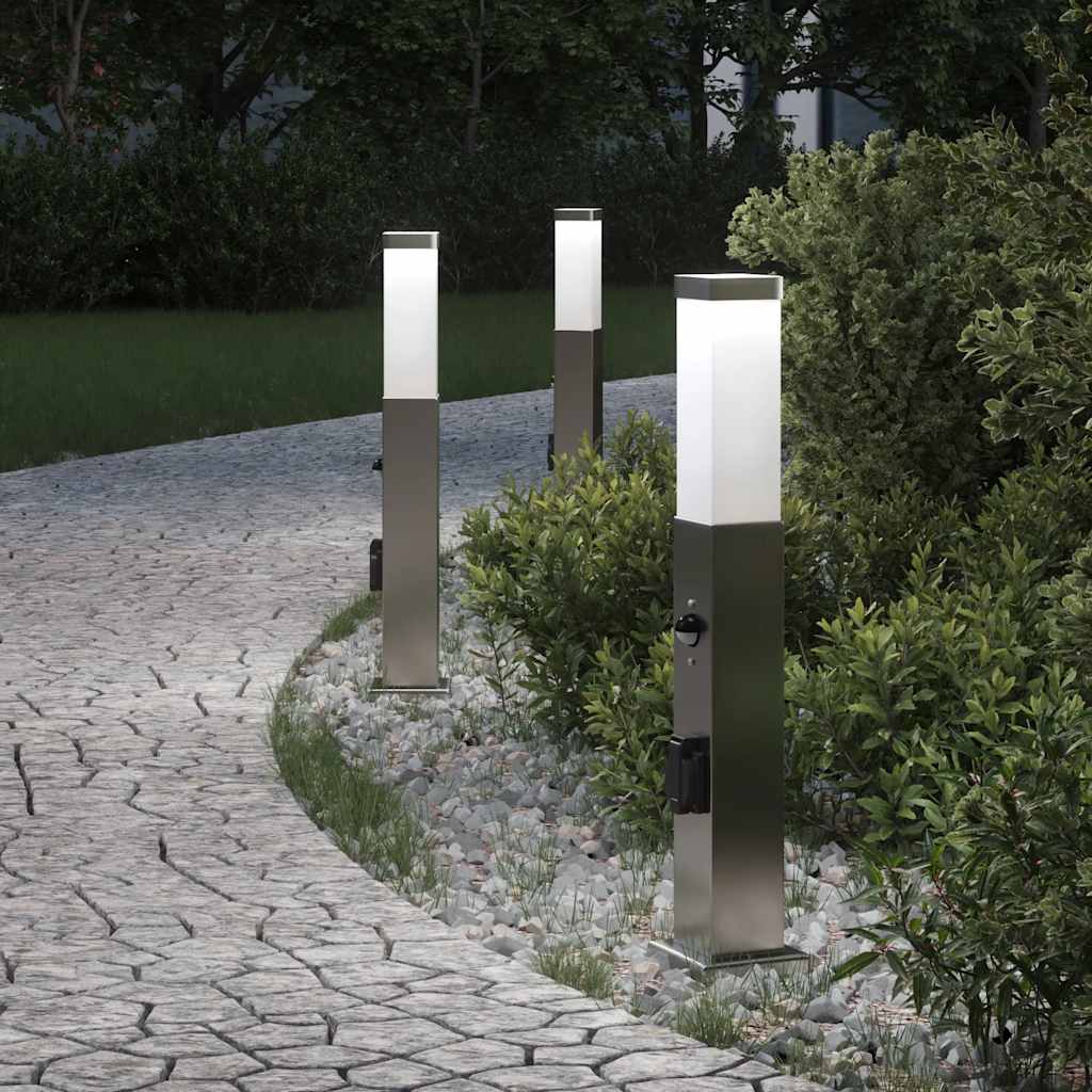 Luminárias de balizador com sensor e tomada, 3 peças, 50 cm, aço inoxidável, IP44