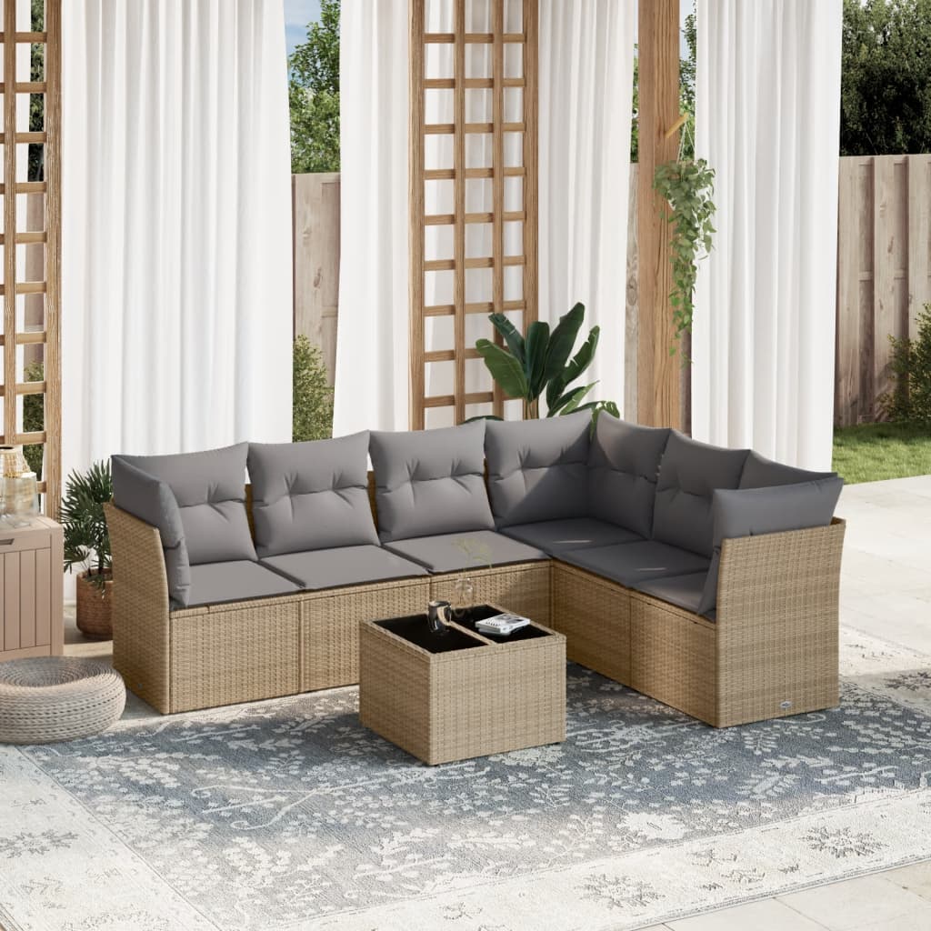 7 Pcs conjunto de sofás p/ jardim com almofadões vime PE bege