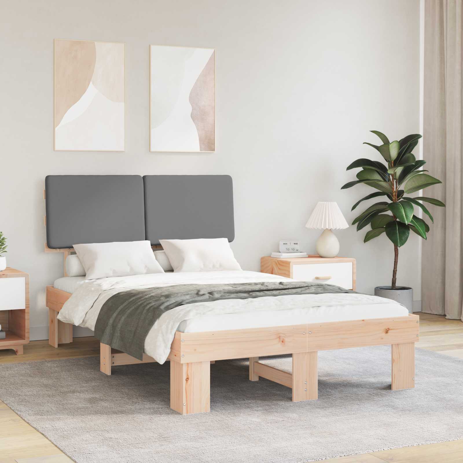 Estrutura de cama com cabeceira estofada cinzento-claro