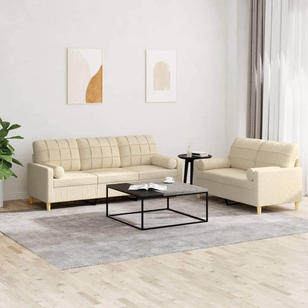2 Pcs conjunto de sofás com almofadas tecido cor creme