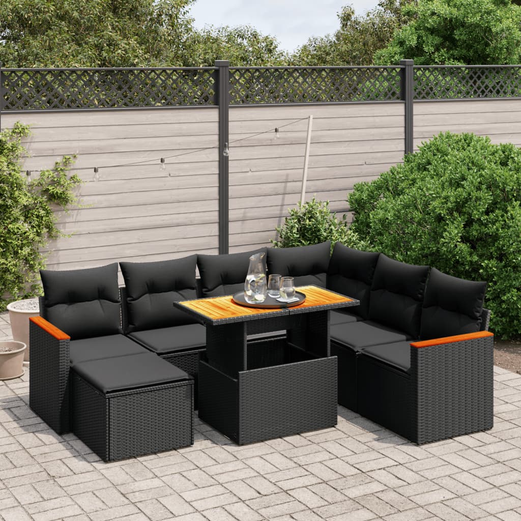 8 Pcs conjunto sofás de jardim com almofadões vime PE preto