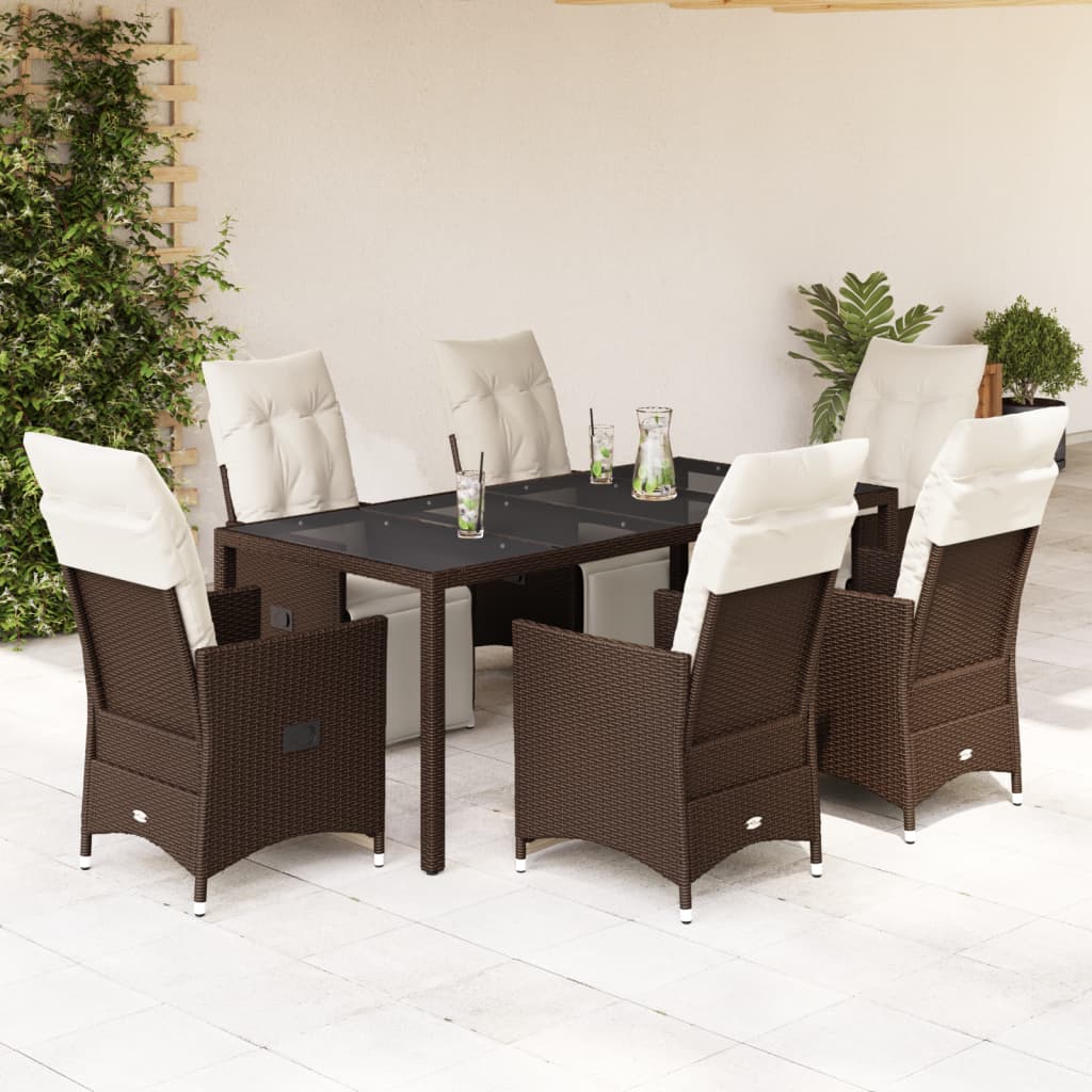 7 Pcs conjunto bistrô de jardim c/ almofadões vime PE castanho