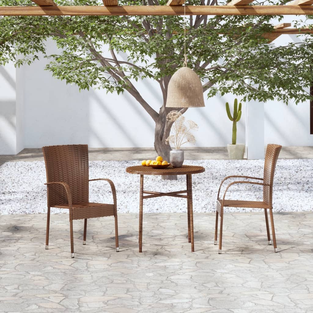 3 Pcs conjunto de jantar para jardim vime PE castanho