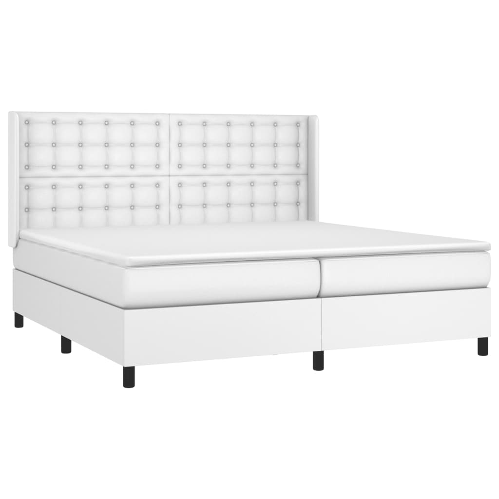 Cama box spring c/colchão/LED 200x200cm couro artificial branco