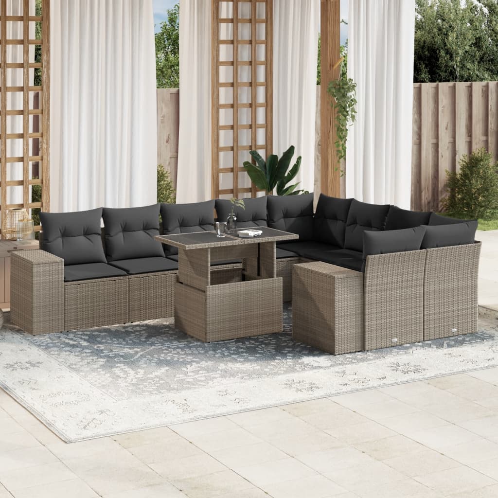 10 Pcs conj. sofás jardim com almofadões vime PE cinzento-claro