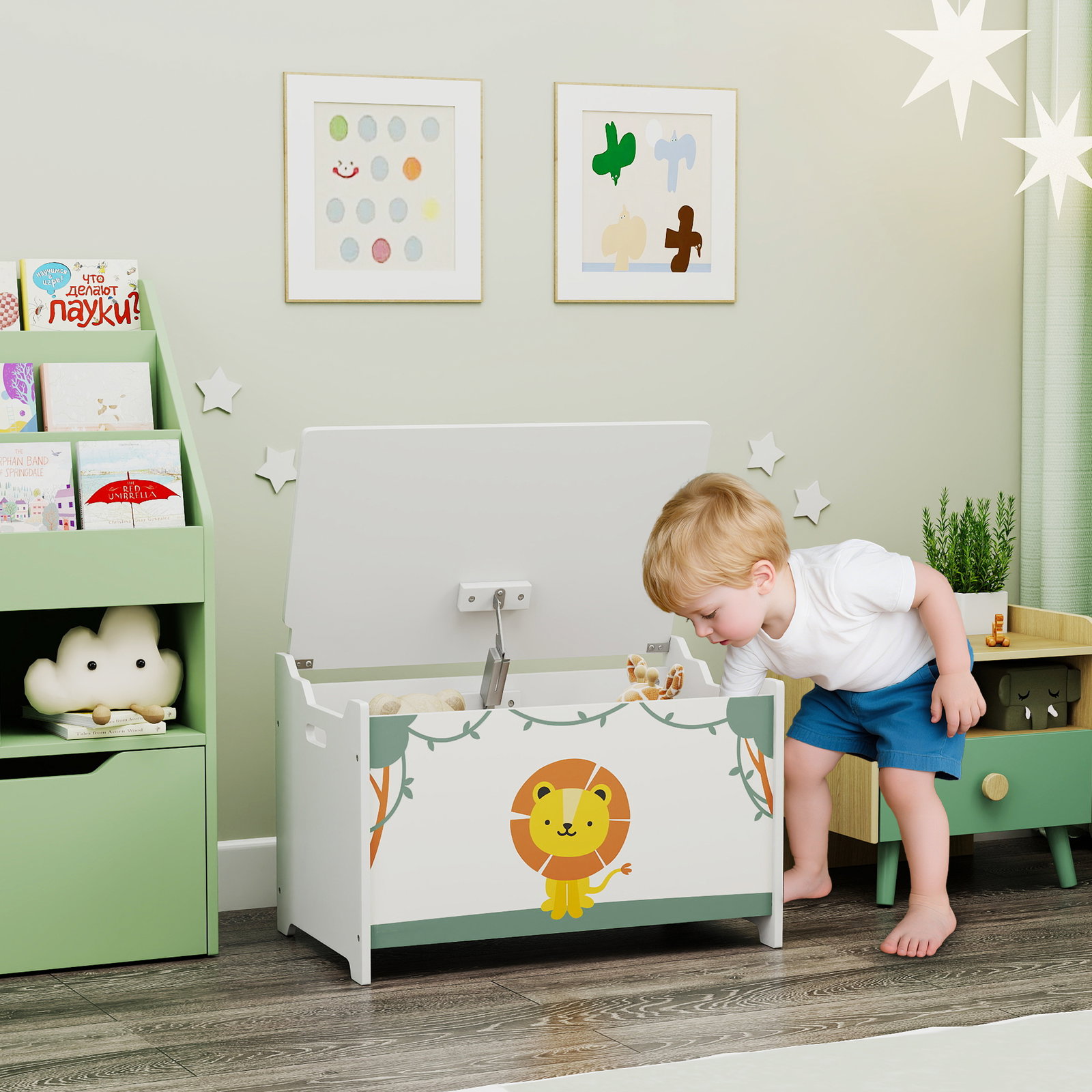 Baú brinquedos infantil 53 l caixa de arrumação brinquedos com tampa rebatível e pistão a gás 60x37x39 cm verde
