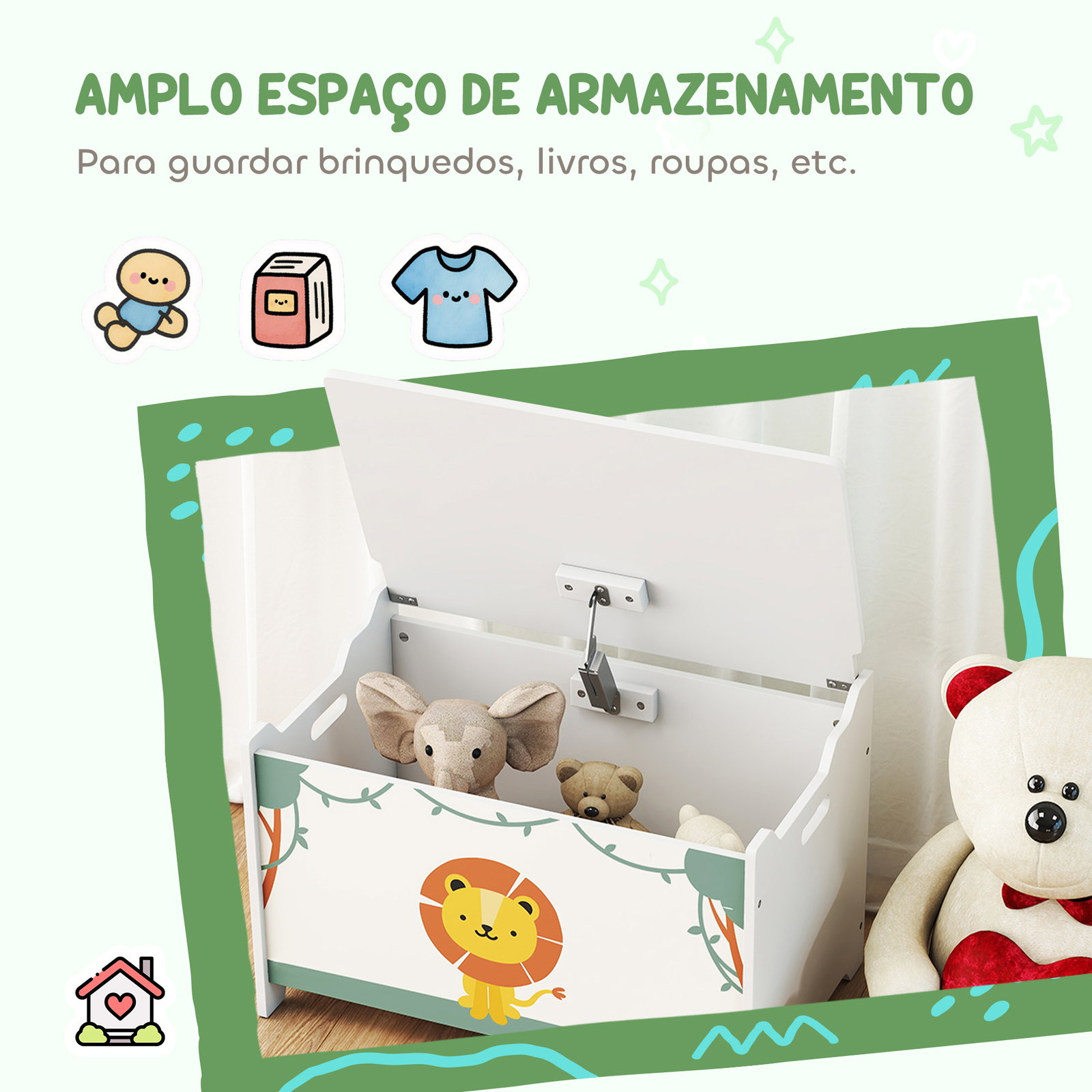 Baú brinquedos infantil 53 l caixa de arrumação brinquedos com tampa rebatível e pistão a gás 60x37x39 cm verde