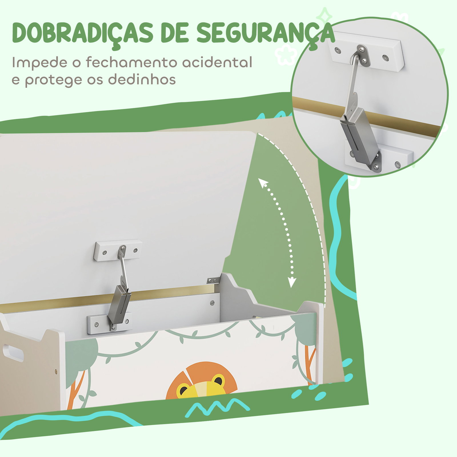 Baú brinquedos infantil 53 l caixa de arrumação brinquedos com tampa rebatível e pistão a gás 60x37x39 cm verde