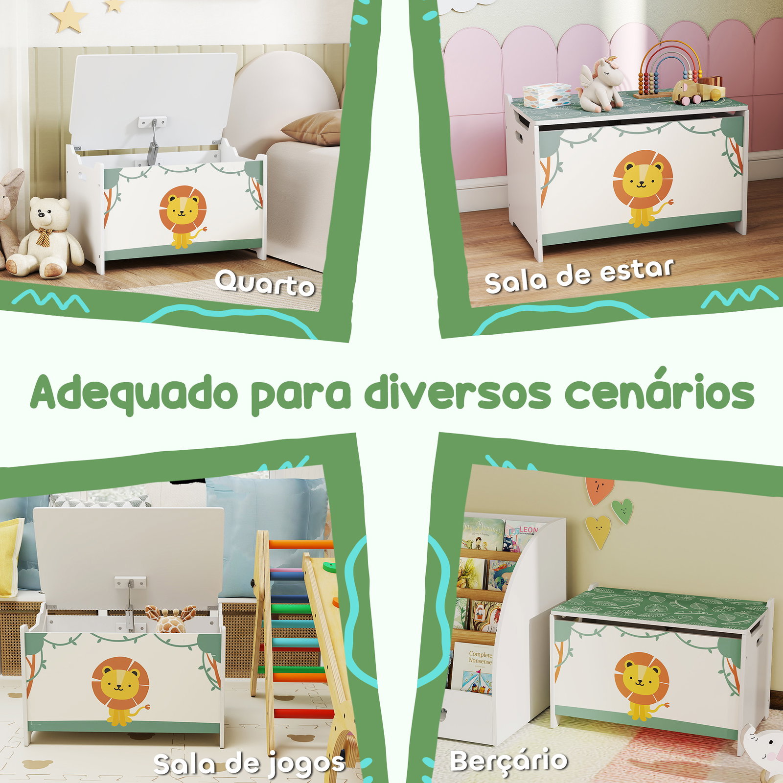 Baú brinquedos infantil 53 l caixa de arrumação brinquedos com tampa rebatível e pistão a gás 60x37x39 cm verde