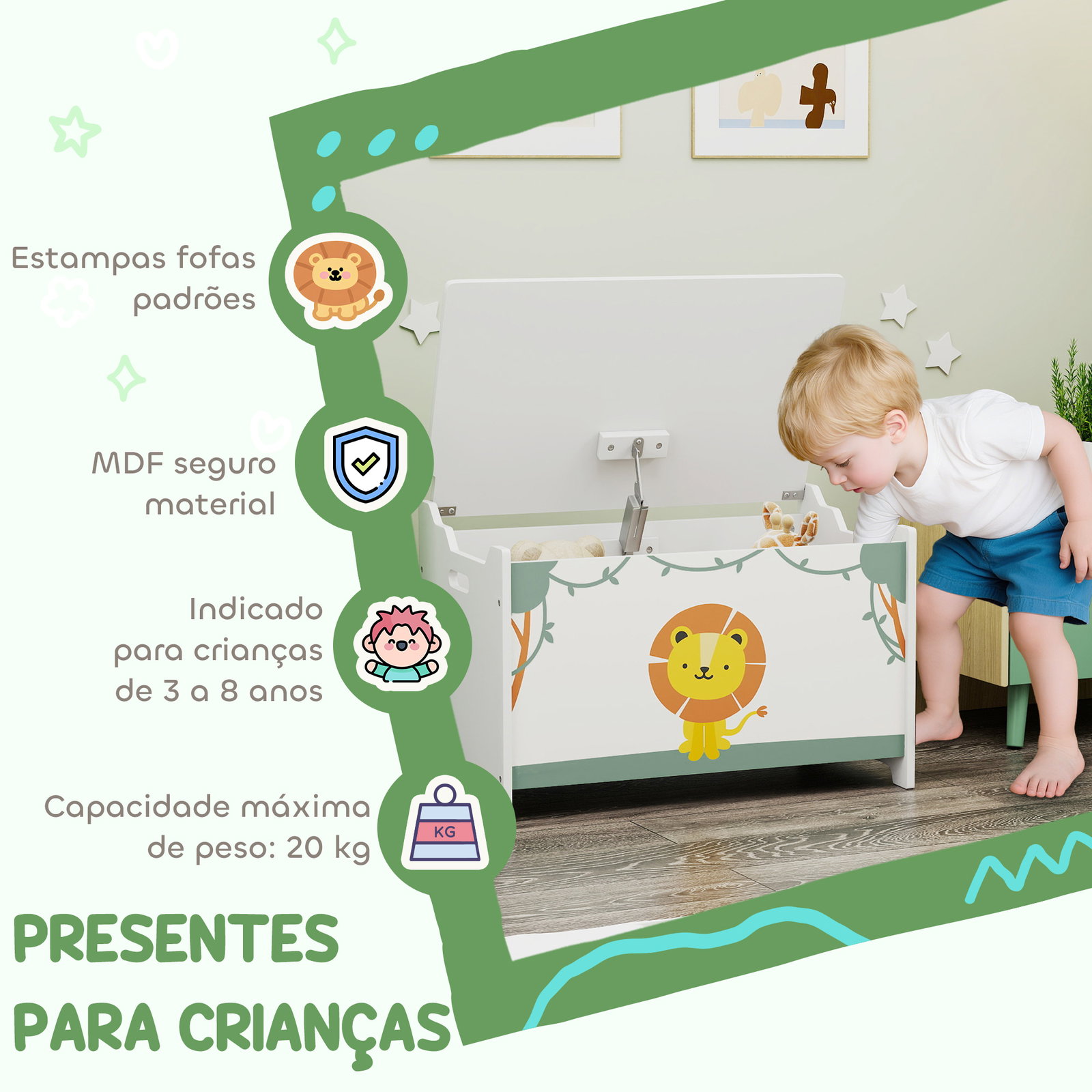 Baú brinquedos infantil 53 l caixa de arrumação brinquedos com tampa rebatível e pistão a gás 60x37x39 cm verde