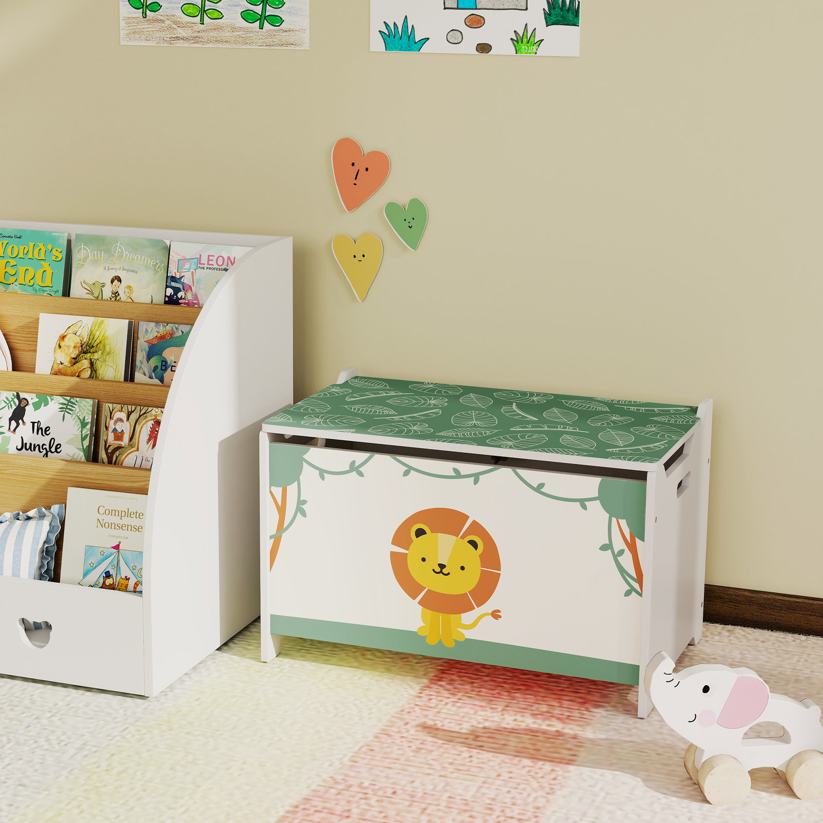 Baú brinquedos infantil 53 l caixa de arrumação brinquedos com tampa rebatível e pistão a gás 60x37x39 cm verde