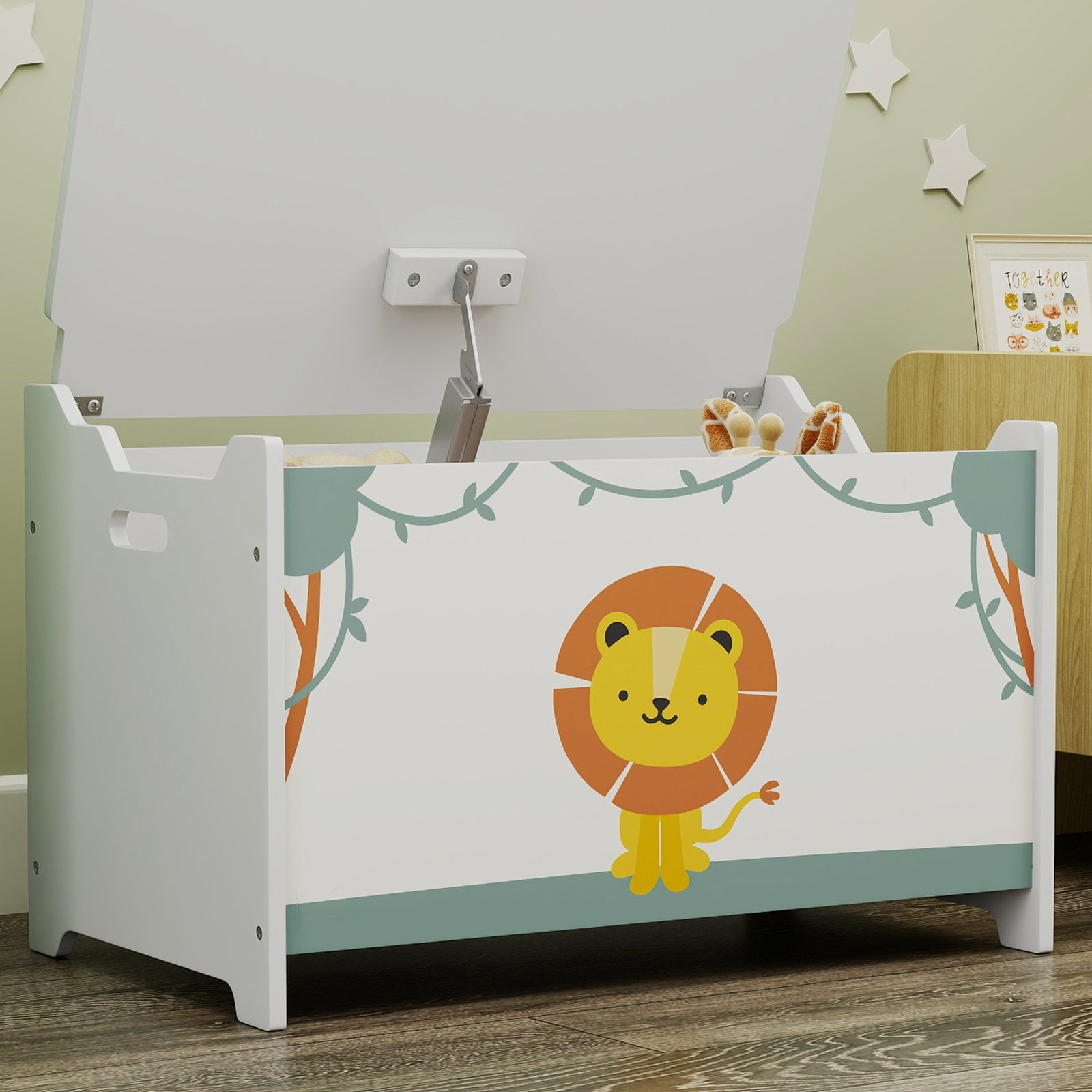 Baú brinquedos infantil 53 l caixa de arrumação brinquedos com tampa rebatível e pistão a gás 60x37x39 cm verde