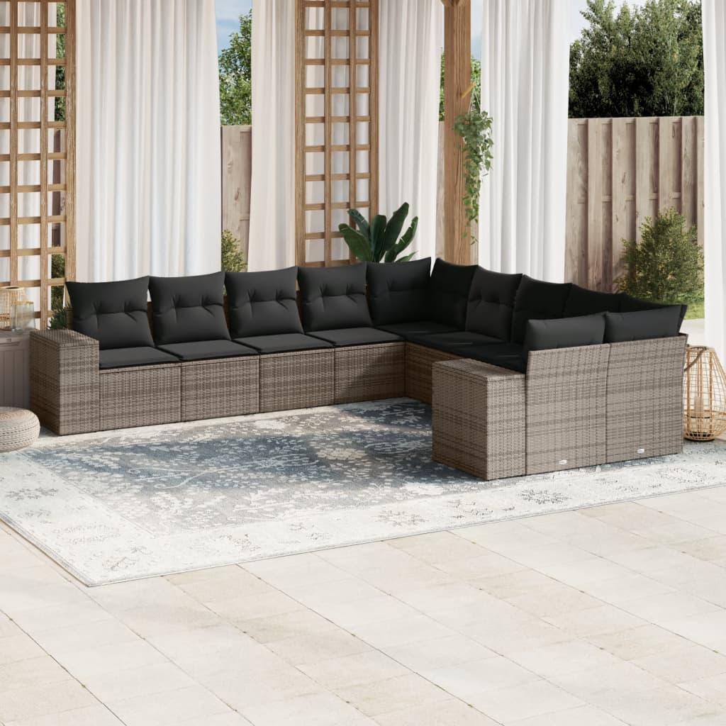 10 Pcs conjunto sofás de jardim c/ almofadões vime PE cinzento