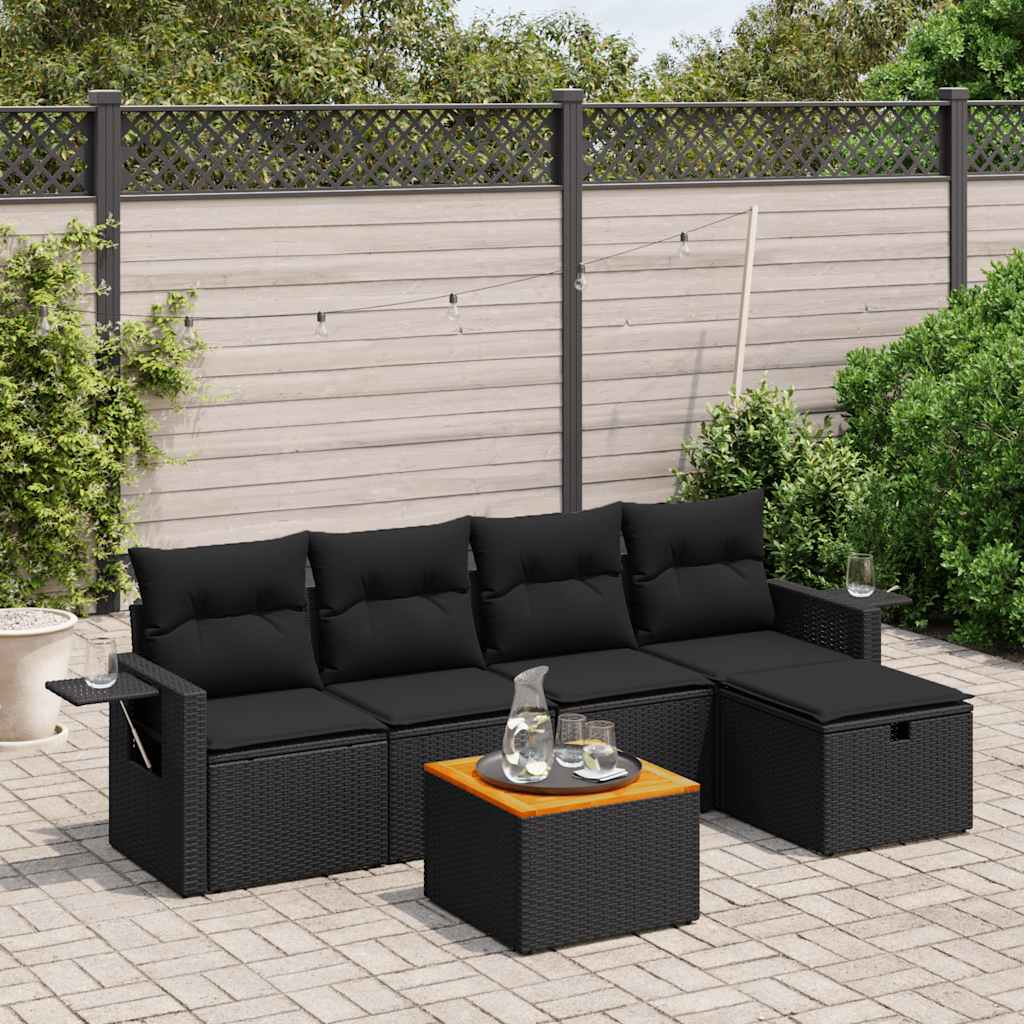 6 Pcs conjunto sofás de jardim c/ almofadões vime PE preto