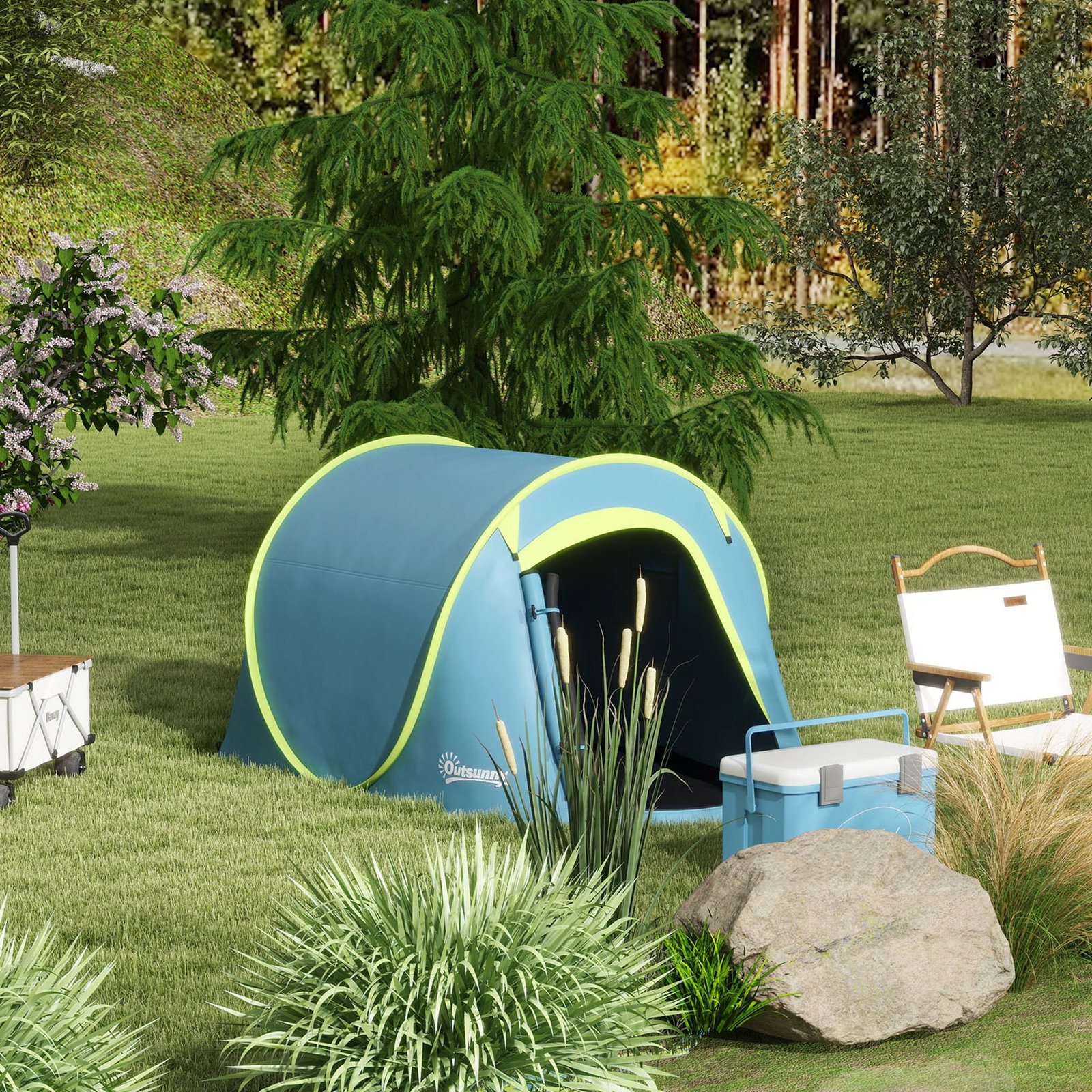 Tenda de campismo para 1-2 pessoas impermeável de 2000 mm com bolsa de transporte para pesca 245x148x105 cm azul