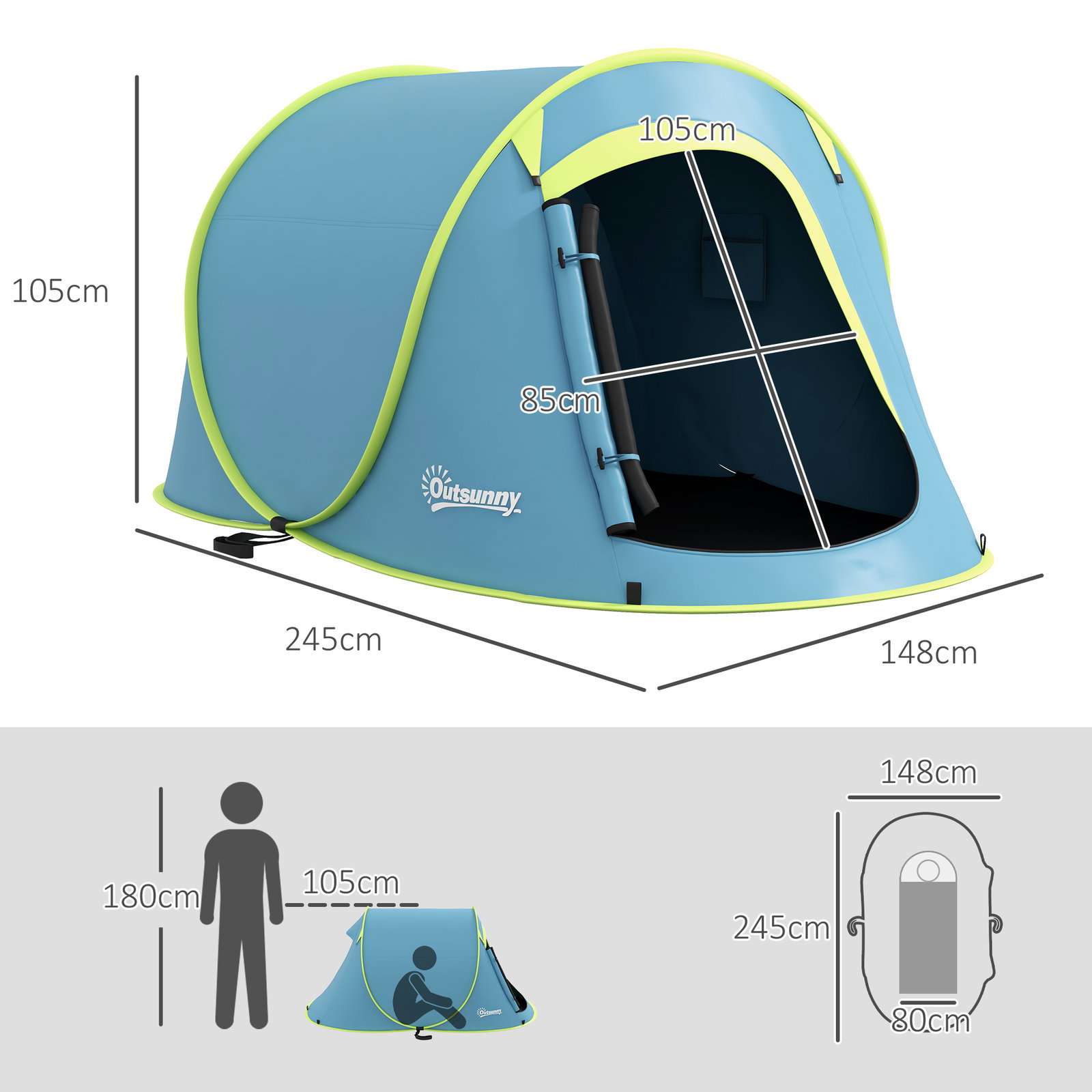 Tenda de campismo para 1-2 pessoas impermeável de 2000 mm com bolsa de transporte para pesca 245x148x105 cm azul
