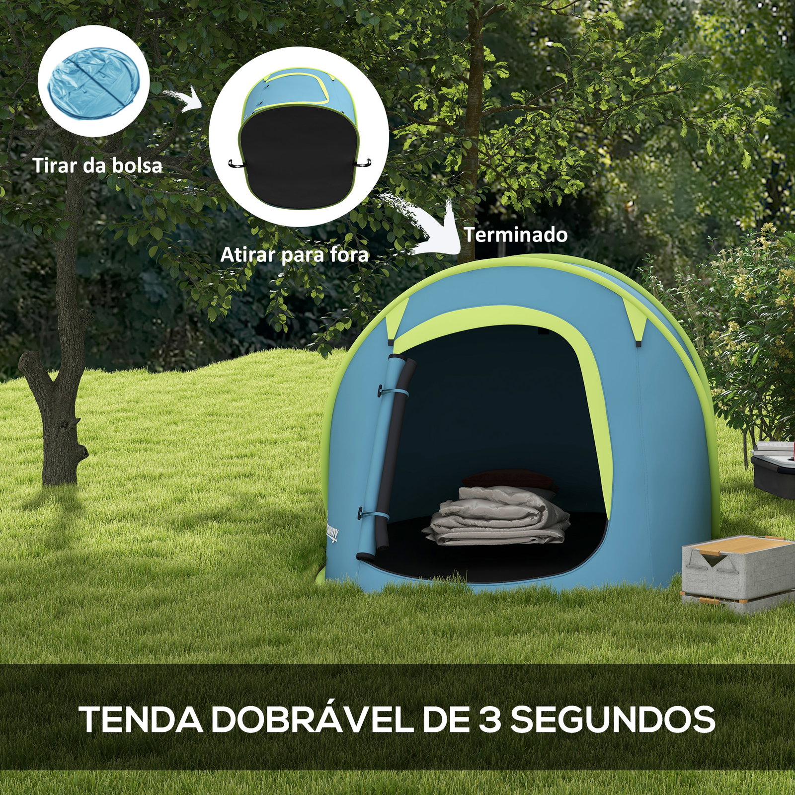 Tenda de campismo para 1-2 pessoas impermeável de 2000 mm com bolsa de transporte para pesca 245x148x105 cm azul