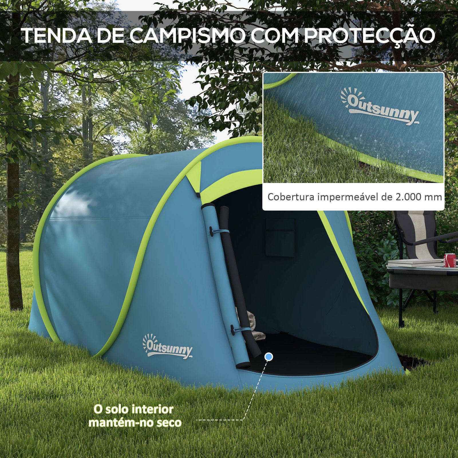 Tenda de campismo para 1-2 pessoas impermeável de 2000 mm com bolsa de transporte para pesca 245x148x105 cm azul