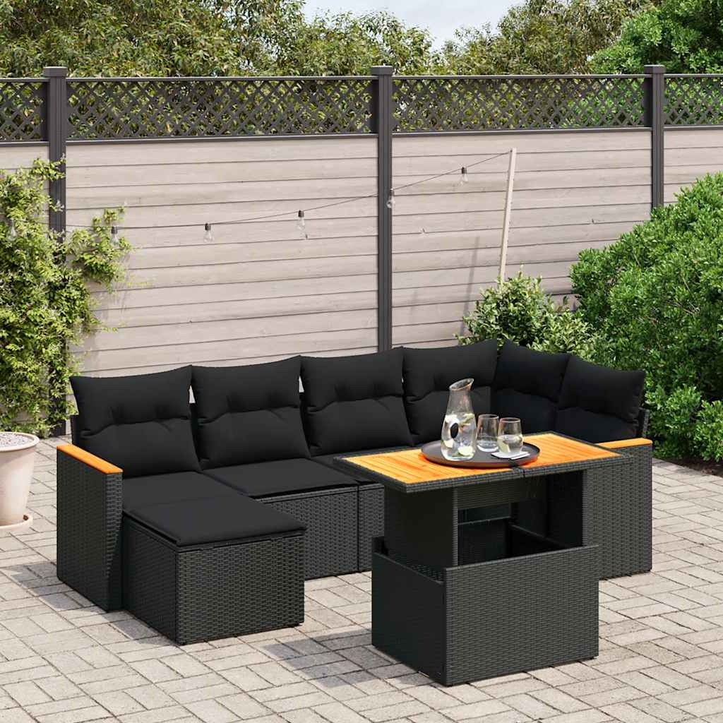 7 Pcs conjunto de sofás p/ jardim c/ almofadões vime PE preto