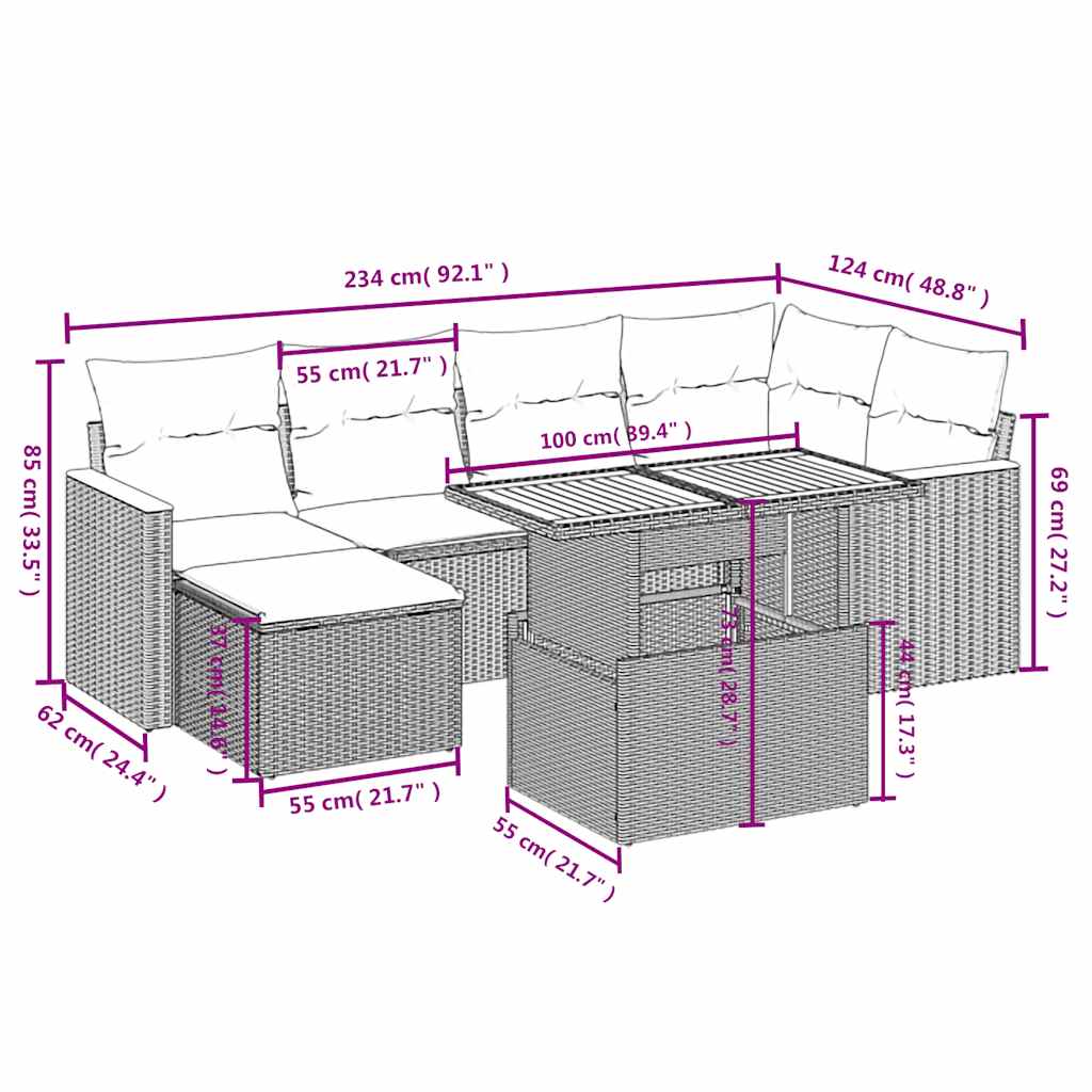 7 Pcs conjunto de sofás p/ jardim c/ almofadões vime PE preto