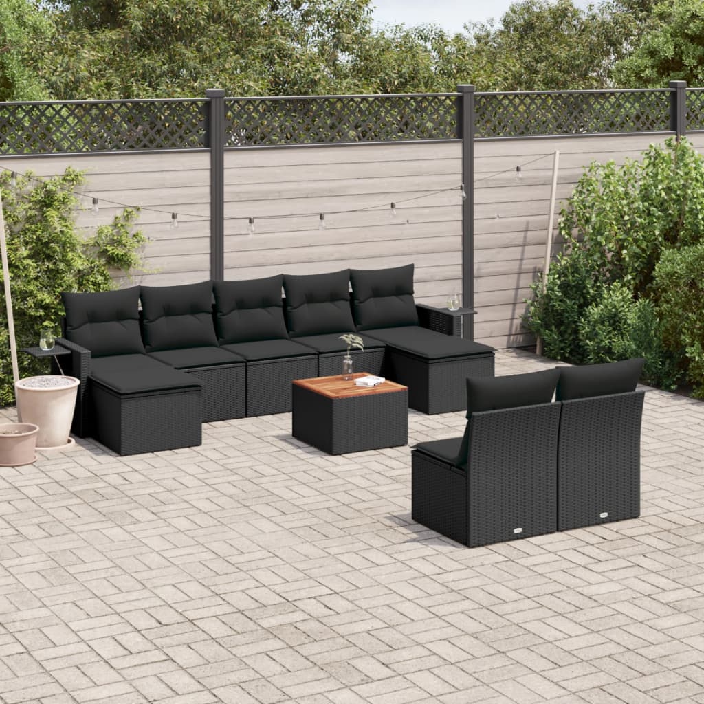 10 Pcs conjunto sofás de jardim c/ almofadões vime PE preto