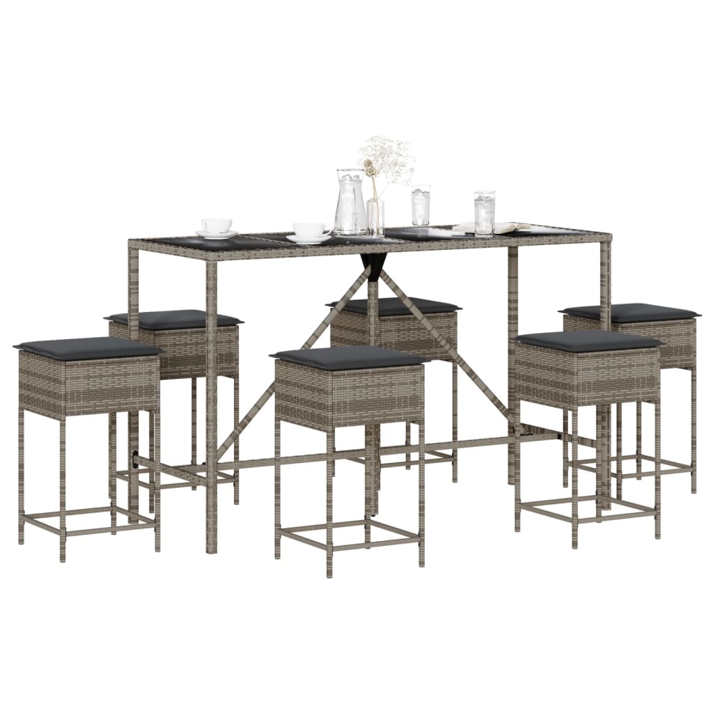 7 Pcs conjunto de bar p/ jardim c/ almofadões vime PE cinzento