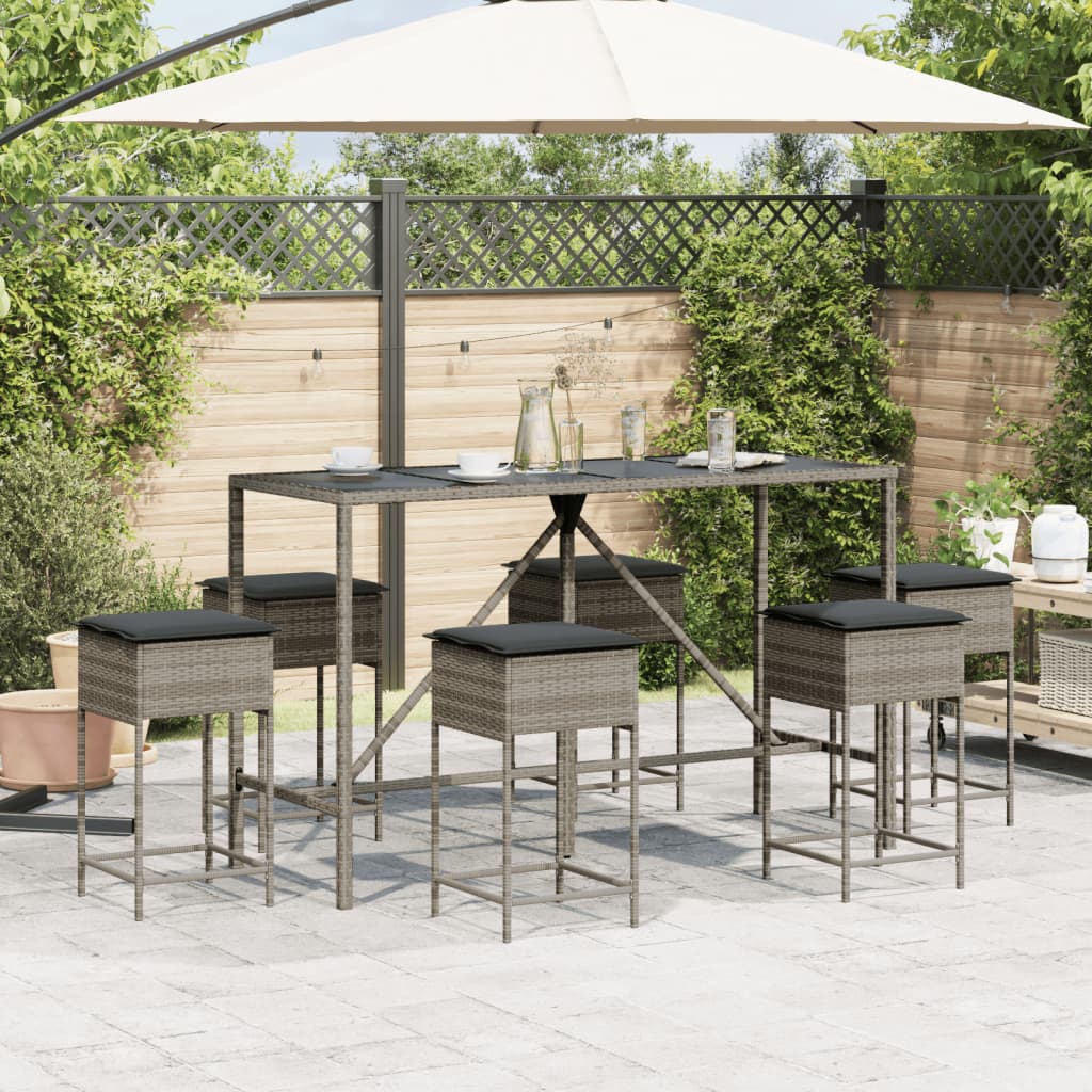 7 Pcs conjunto de bar p/ jardim c/ almofadões vime PE cinzento