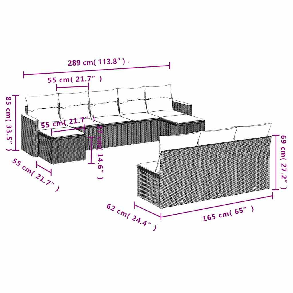 10 Pcs conjunto sofás de jardim c/ almofadões vime PE preto