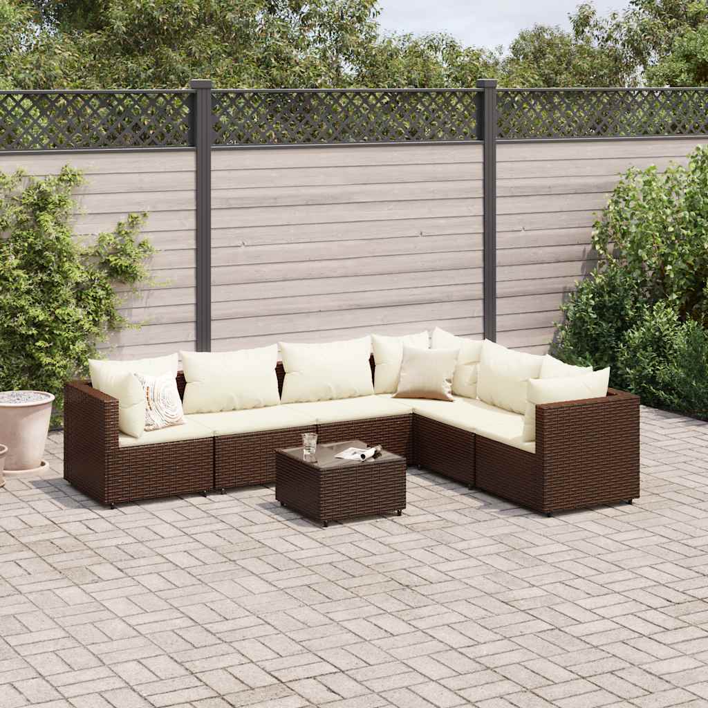 7 Pcs conjunto lounge de jardim c/ almofadões vime PE castanho