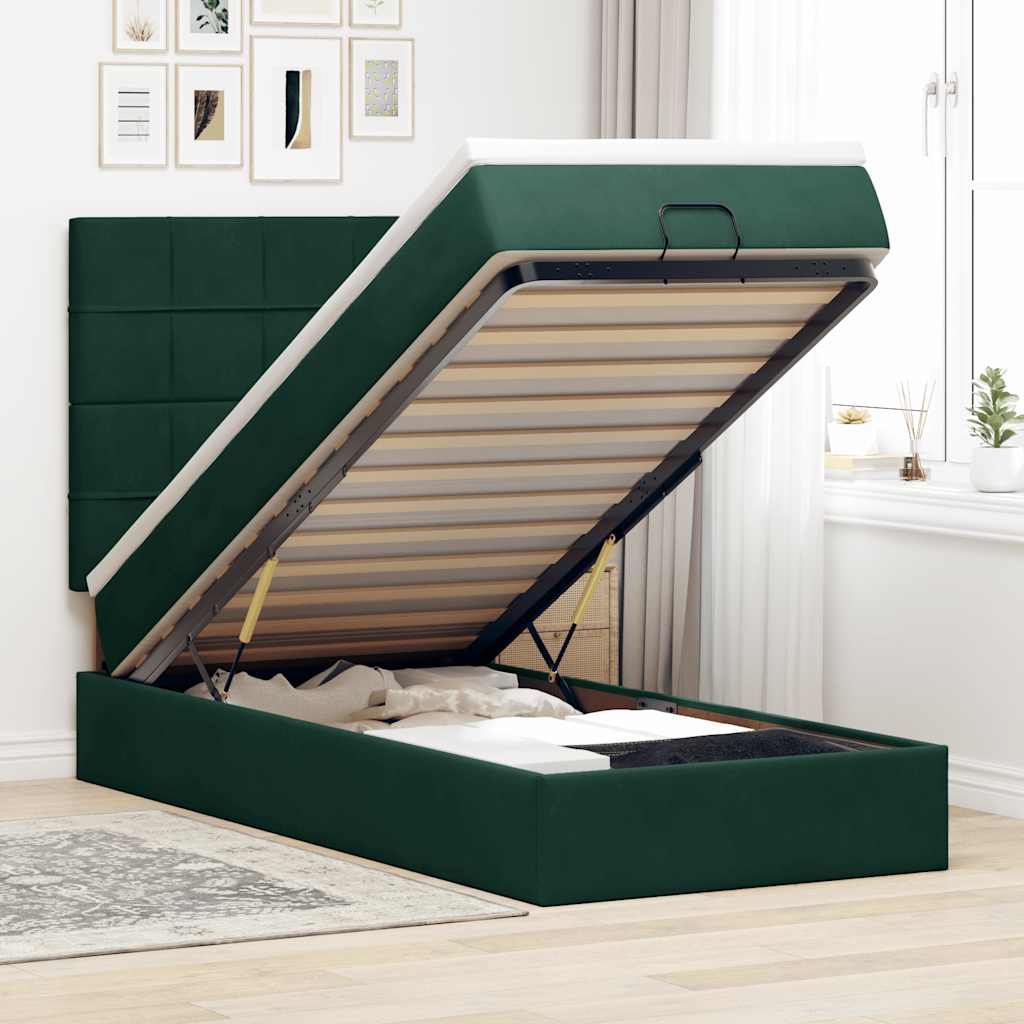 Estrutura de cama otomana com colchões verde escuro veludo