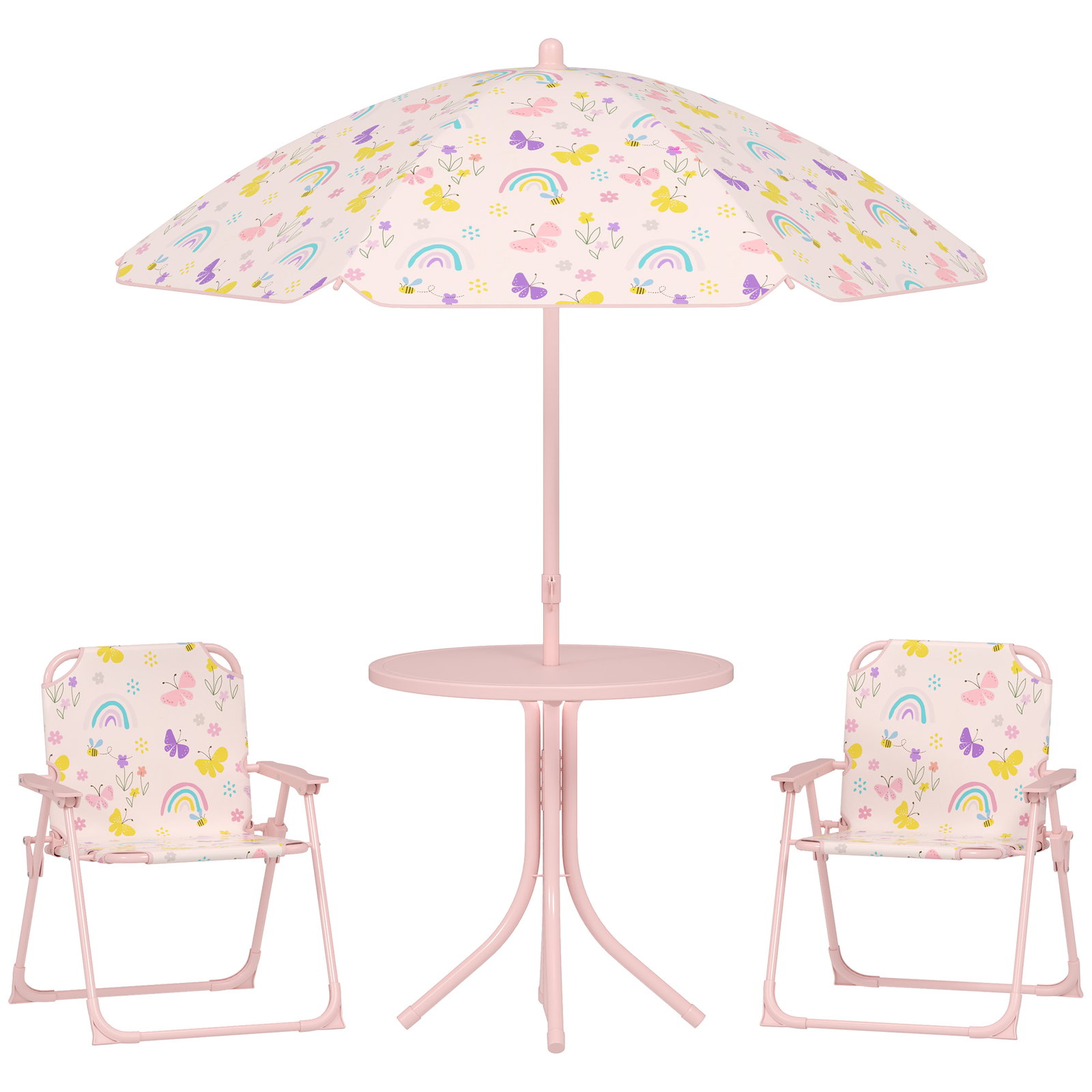 Conjunto de mesa e cadeiras para crianças de jardim com cadeiras dobráveis chapéu de sol ajustável e desenho de raposas rosa