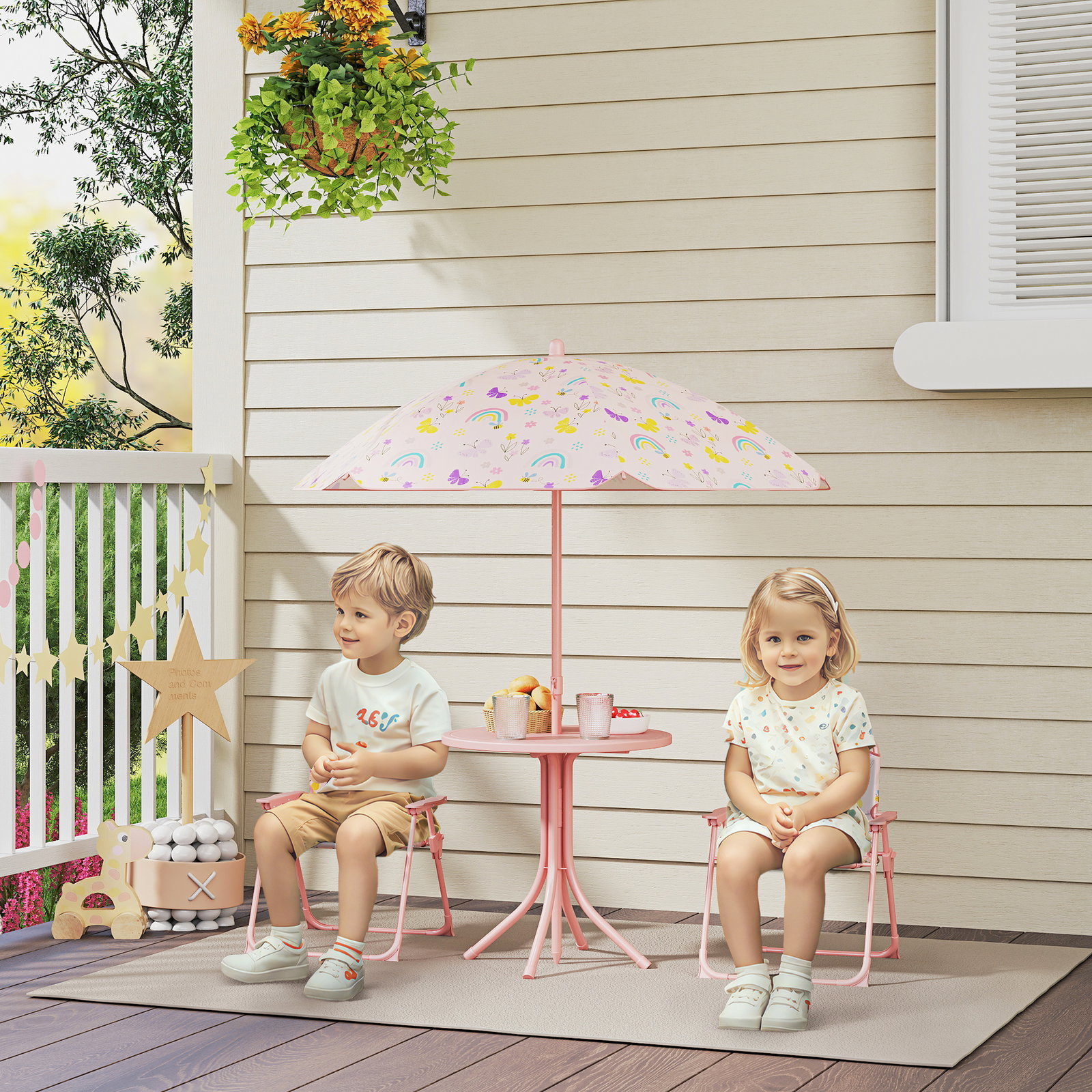Conjunto de mesa e cadeiras para crianças de jardim com cadeiras dobráveis chapéu de sol ajustável e desenho de raposas rosa