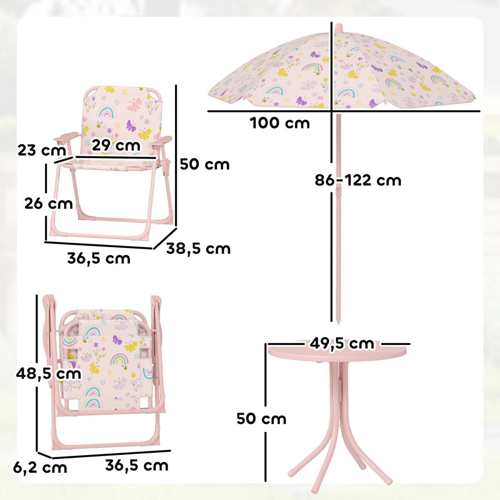 Conjunto de mesa e cadeiras para crianças de jardim com cadeiras dobráveis chapéu de sol ajustável e desenho de raposas rosa