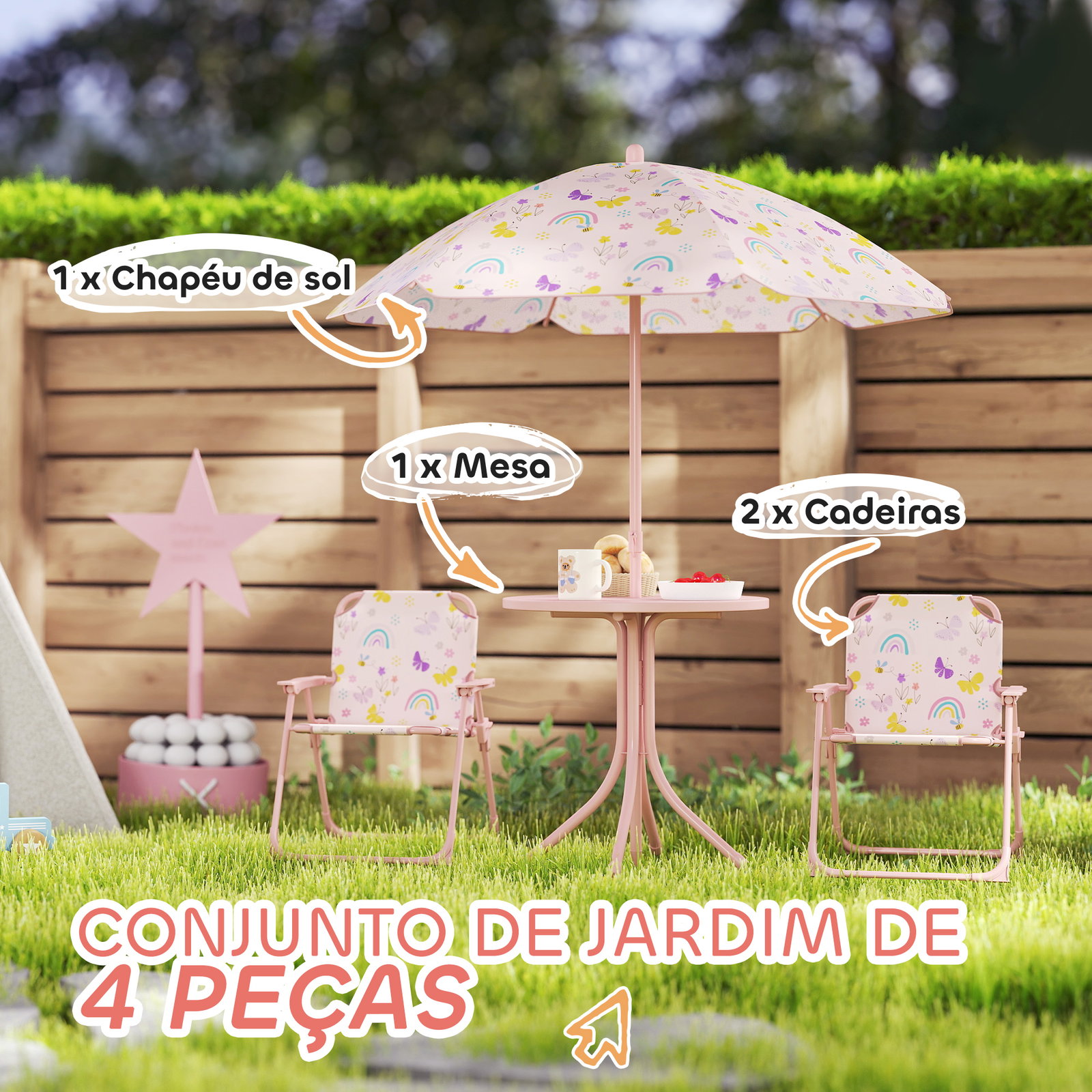 Conjunto de mesa e cadeiras para crianças de jardim com cadeiras dobráveis chapéu de sol ajustável e desenho de raposas rosa