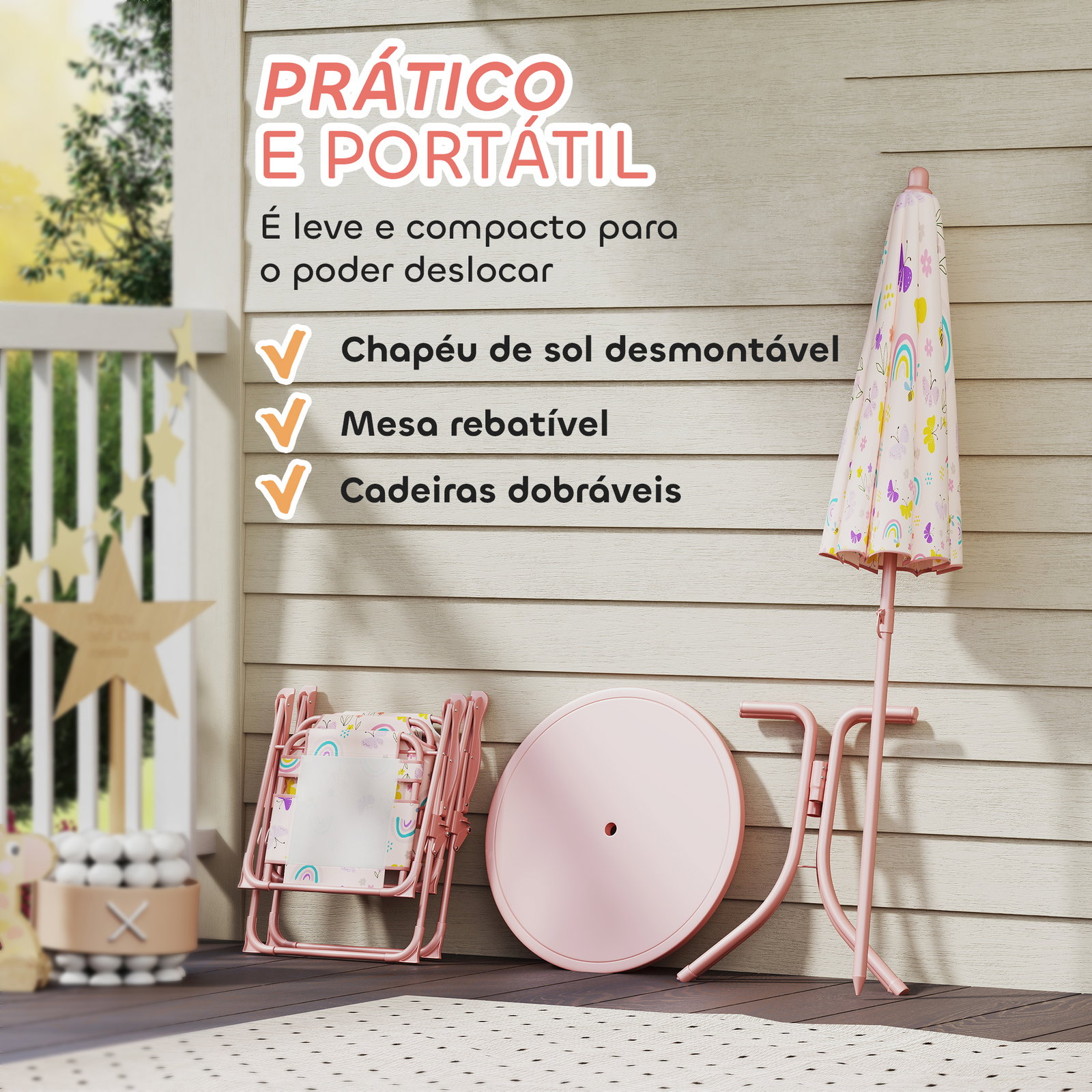 Conjunto de mesa e cadeiras para crianças de jardim com cadeiras dobráveis chapéu de sol ajustável e desenho de raposas rosa