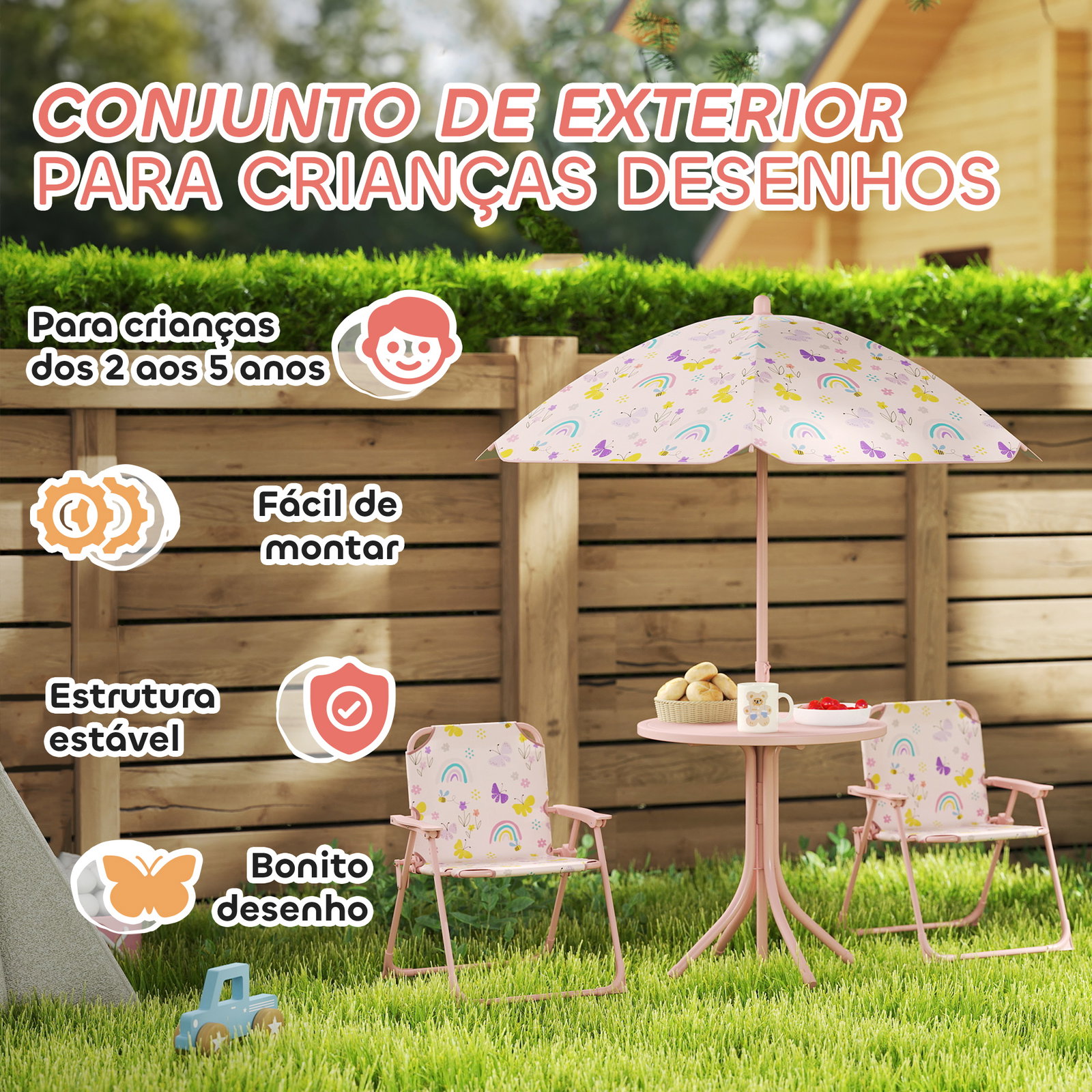 Conjunto de mesa e cadeiras para crianças de jardim com cadeiras dobráveis chapéu de sol ajustável e desenho de raposas rosa