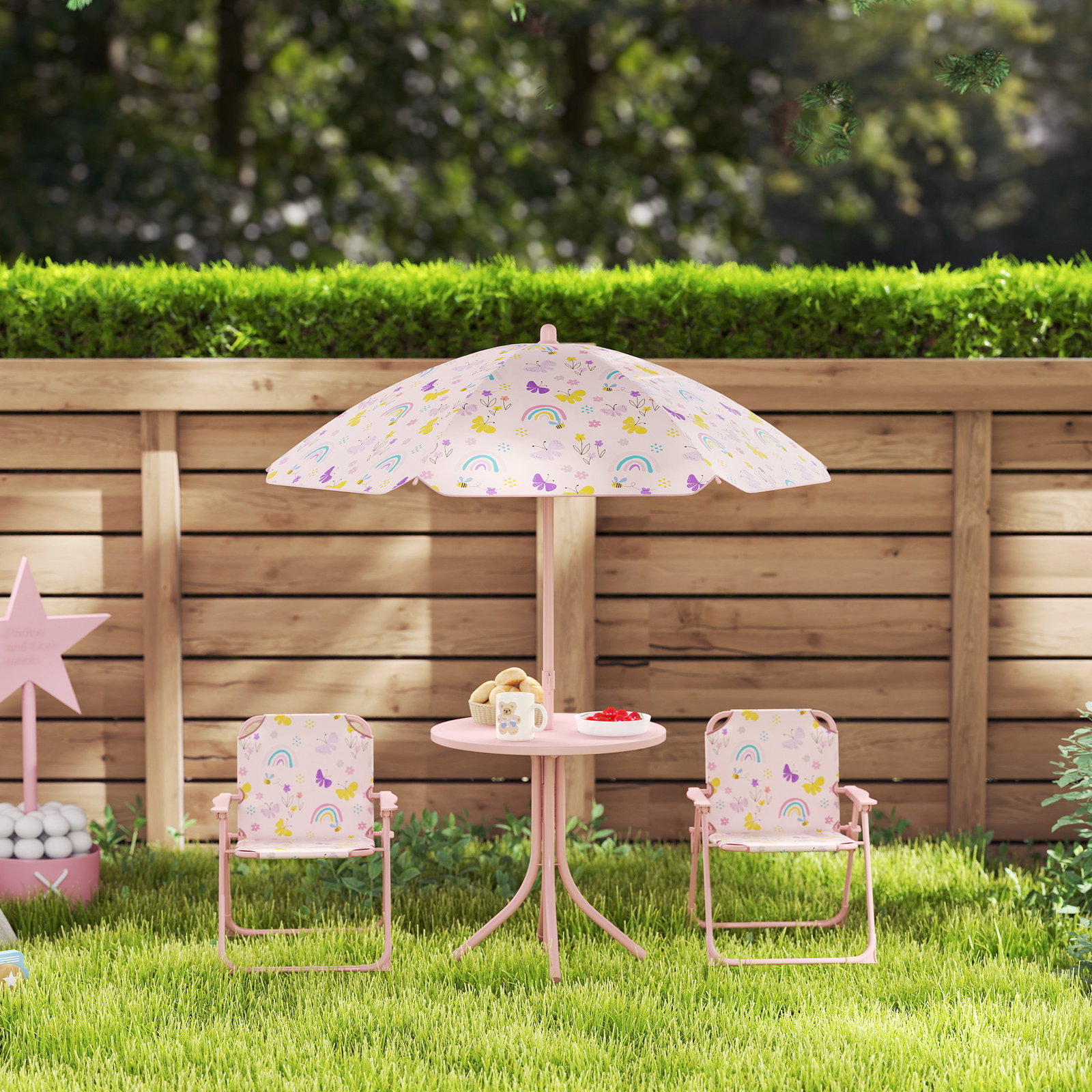 Conjunto de mesa e cadeiras para crianças de jardim com cadeiras dobráveis chapéu de sol ajustável e desenho de raposas rosa