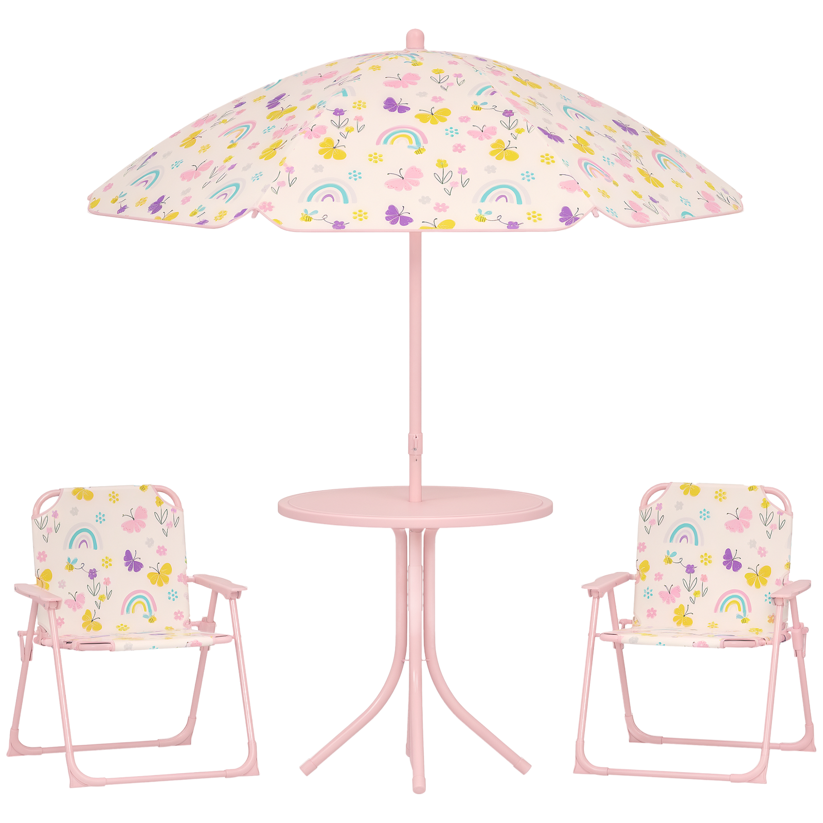 Conjunto de mesa e cadeiras para crianças de jardim com cadeiras dobráveis chapéu de sol ajustável e desenho de raposas rosa