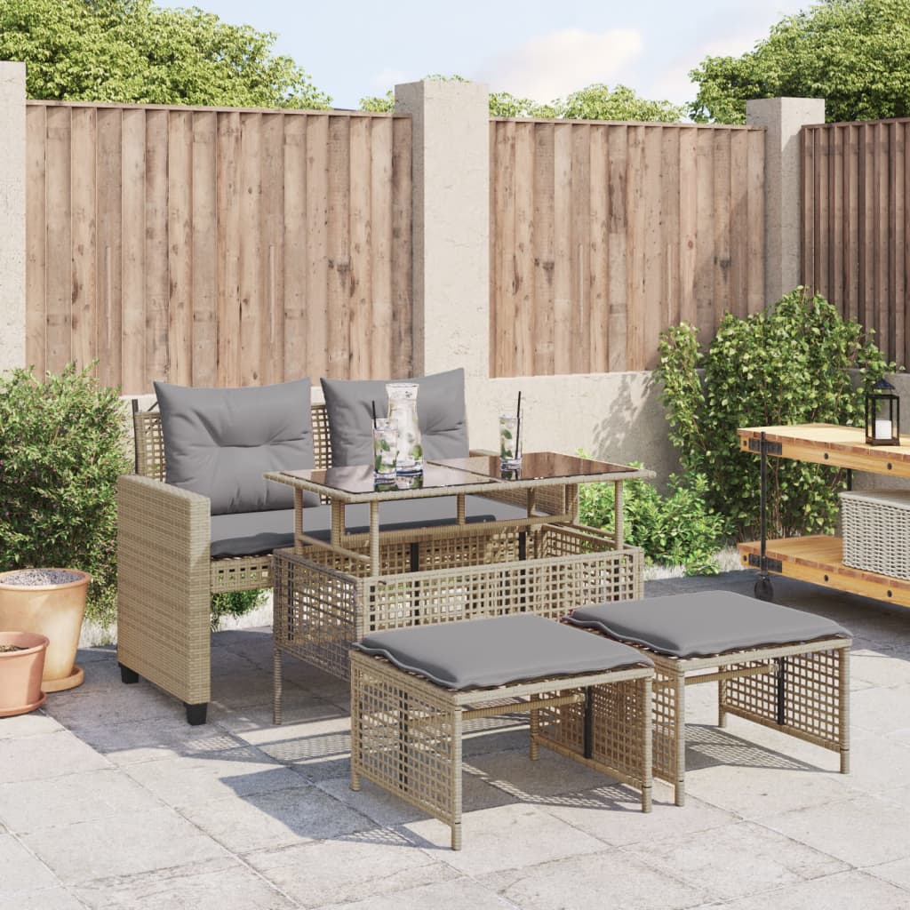 4Pcs conj. de sofás para jardim c/almofadões vime PE/vidro bege